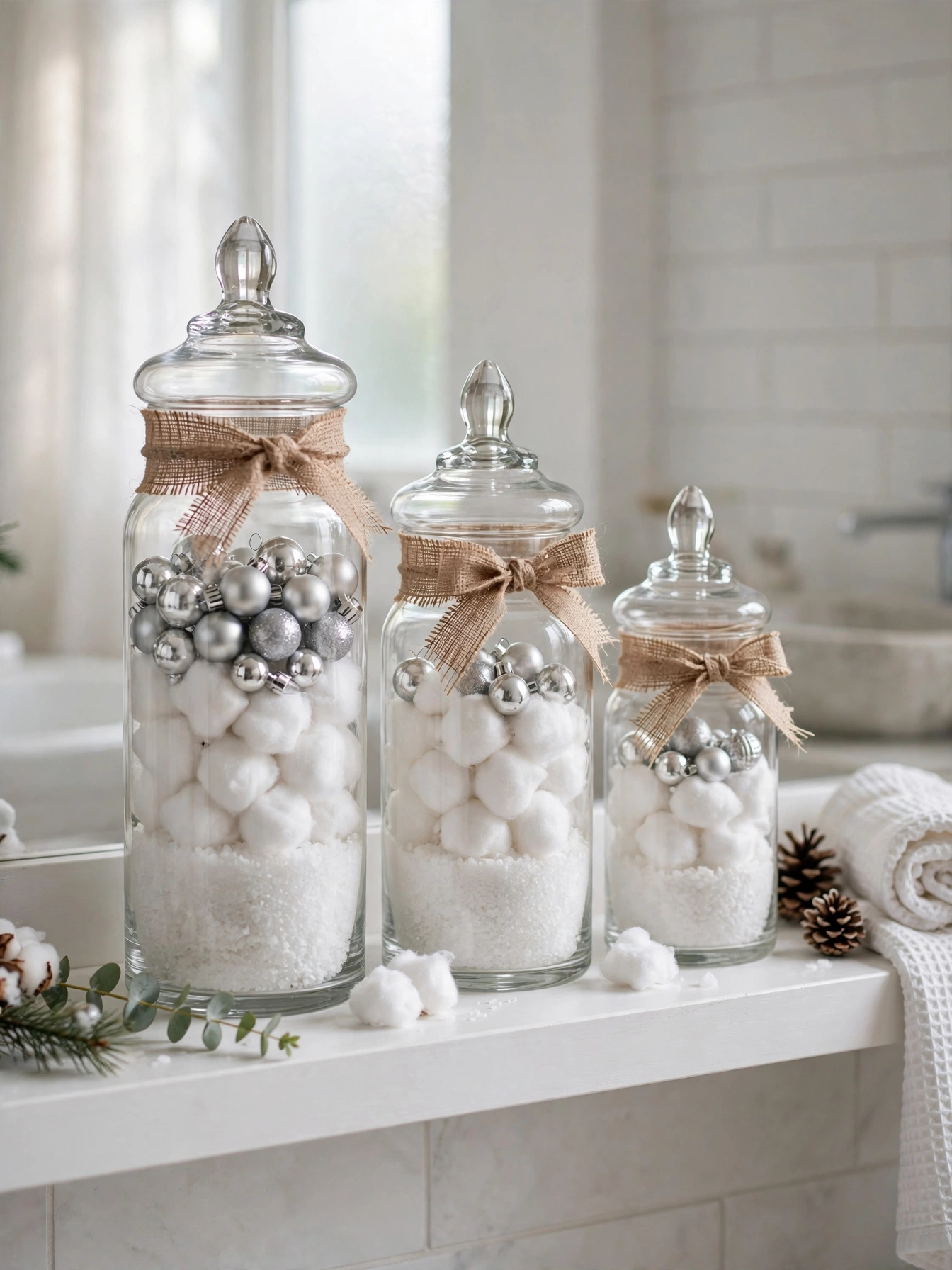 Velvet ribbons with small shatterproof ornaments hanging from hooks on a bathroom wall, a renter-friendly trick from these christmas bathroom decor ideas 2026