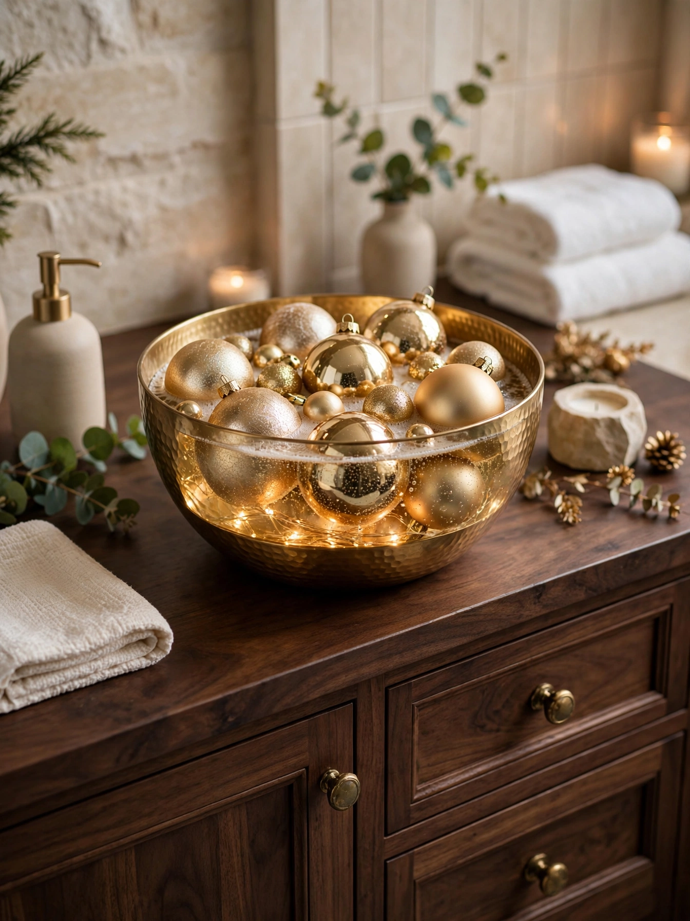 Glass apothecary jars layered with bath salts and cotton balls on a bathroom shelf, a snow-globe look from these christmas bathroom decor ideas 2026