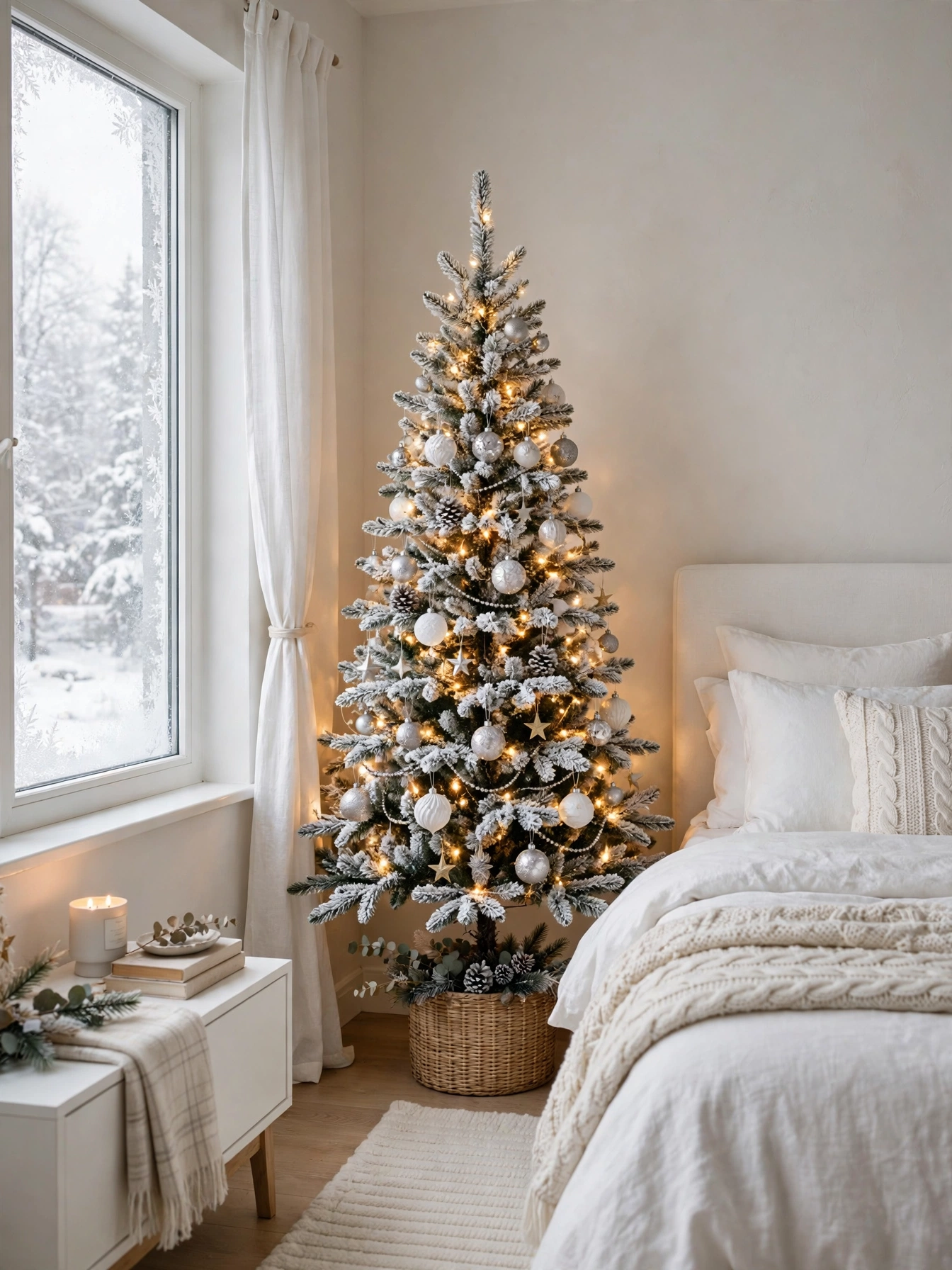 5 foot slim flocked Christmas tree with silver and white ornaments in a snowy bedroom corner, a classic christmas bedroom decor ideas 2026 look.