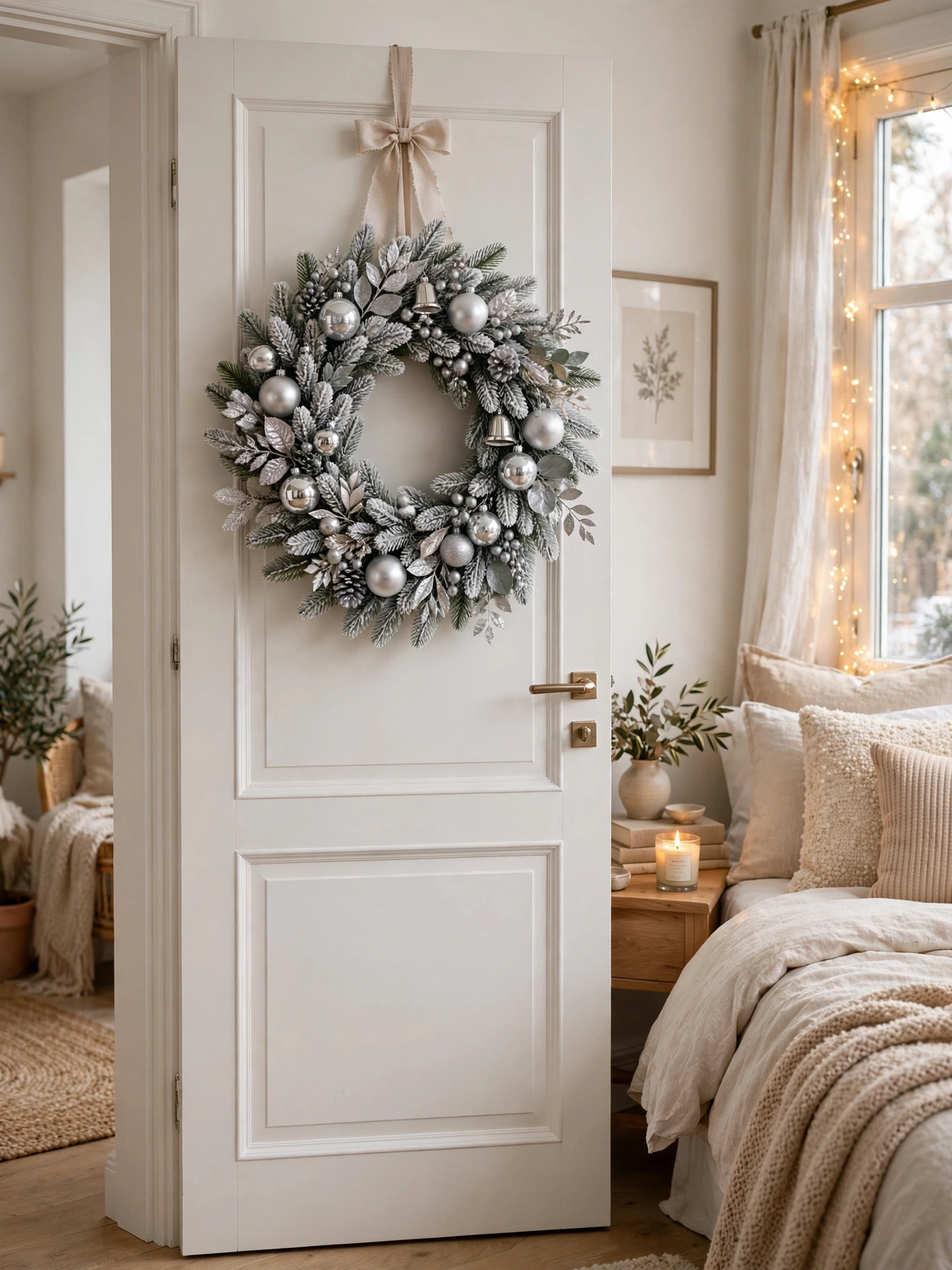24 inch frosted evergreen wreath with silver ornaments hanging on a white bedroom door, a warm christmas bedroom decor ideas 2026 idea.