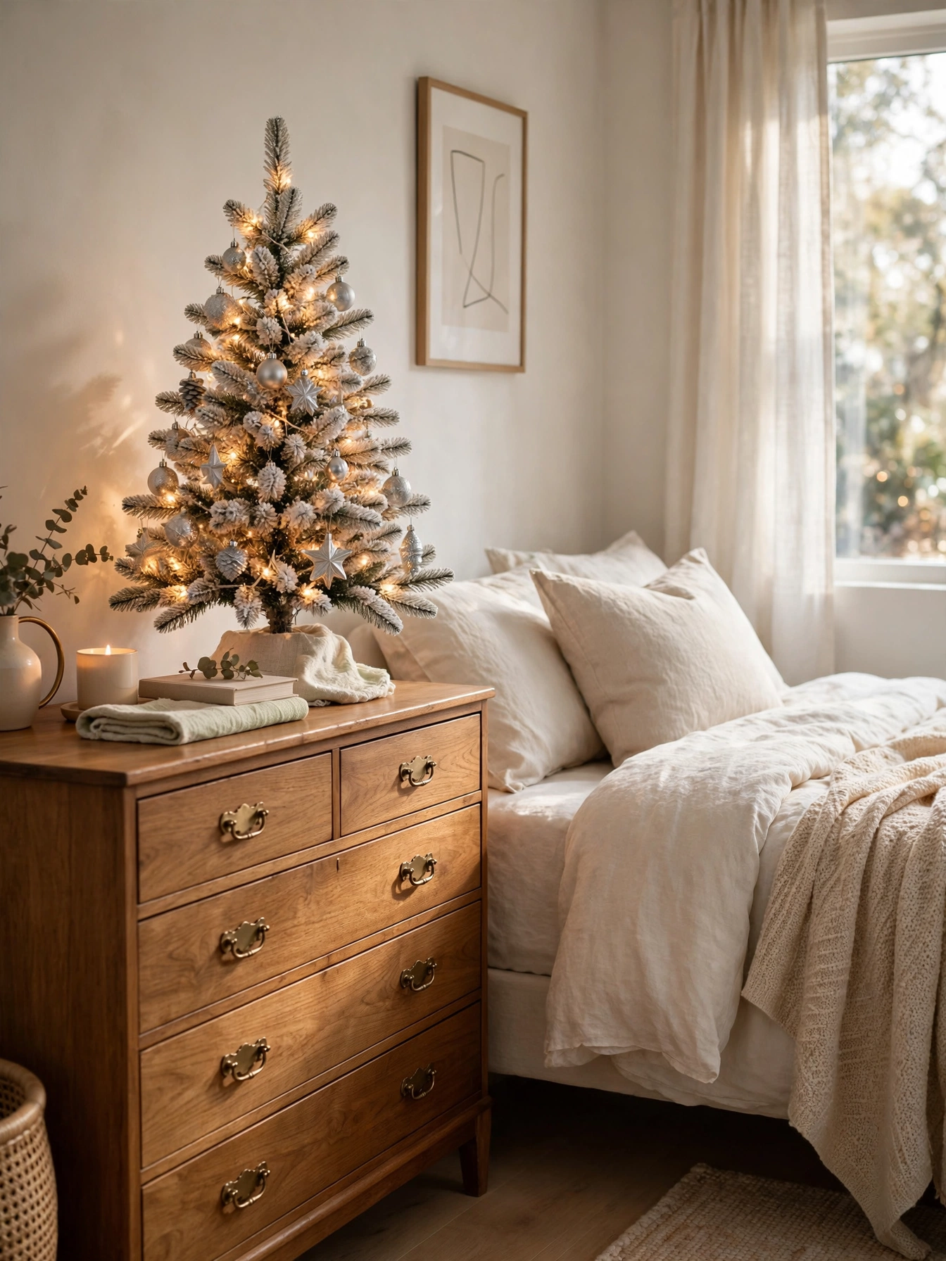 36 inch frosted tabletop Christmas tree with silver ornaments on a bedroom dresser beside the bed, a cozy christmas bedroom decor ideas 2026 pick.