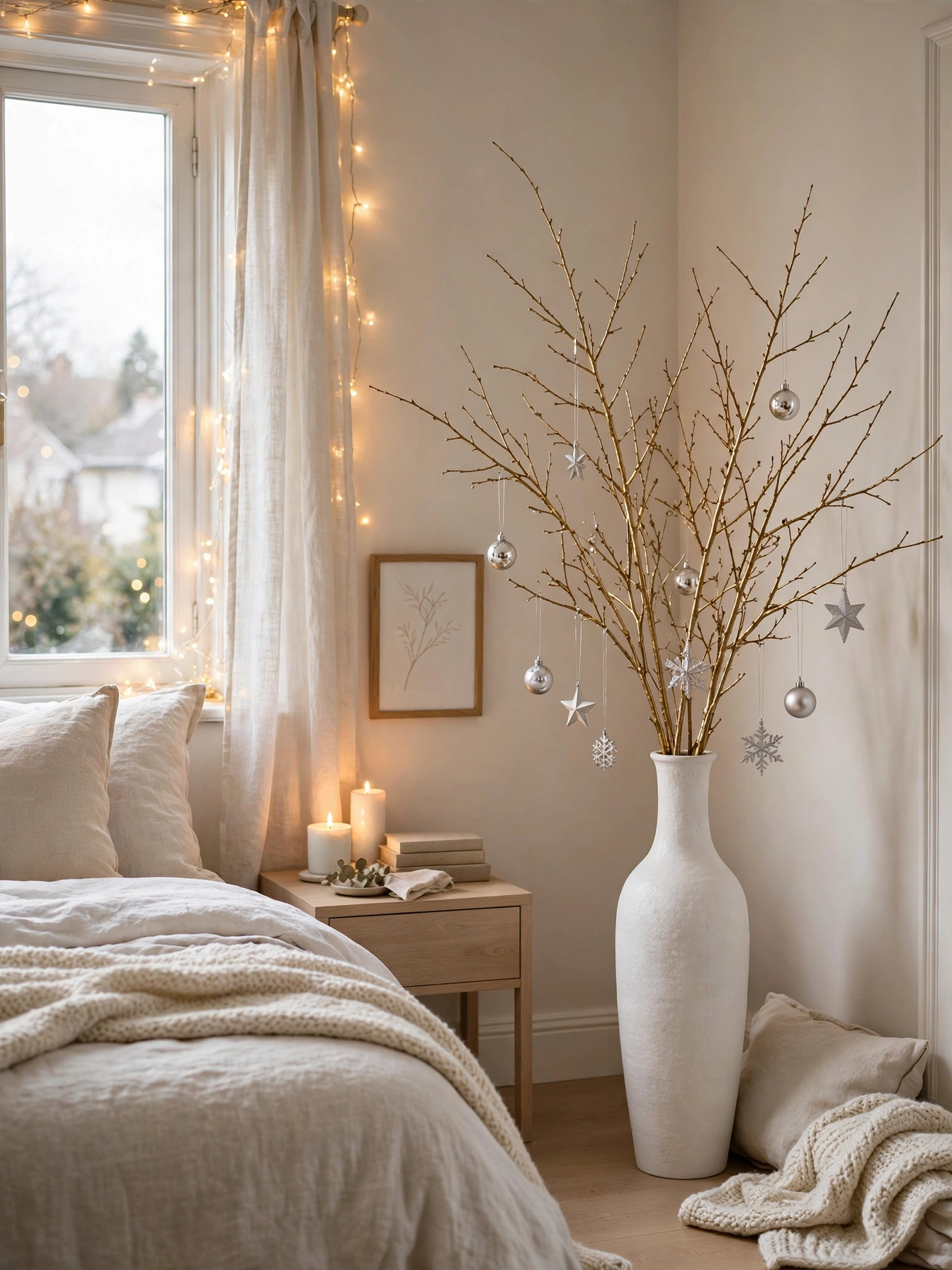 Tall white ceramic vase with gold-sprayed bare branches and hanging silver ornaments in a bedroom corner, a warm christmas bedroom decor ideas 2026 idea.