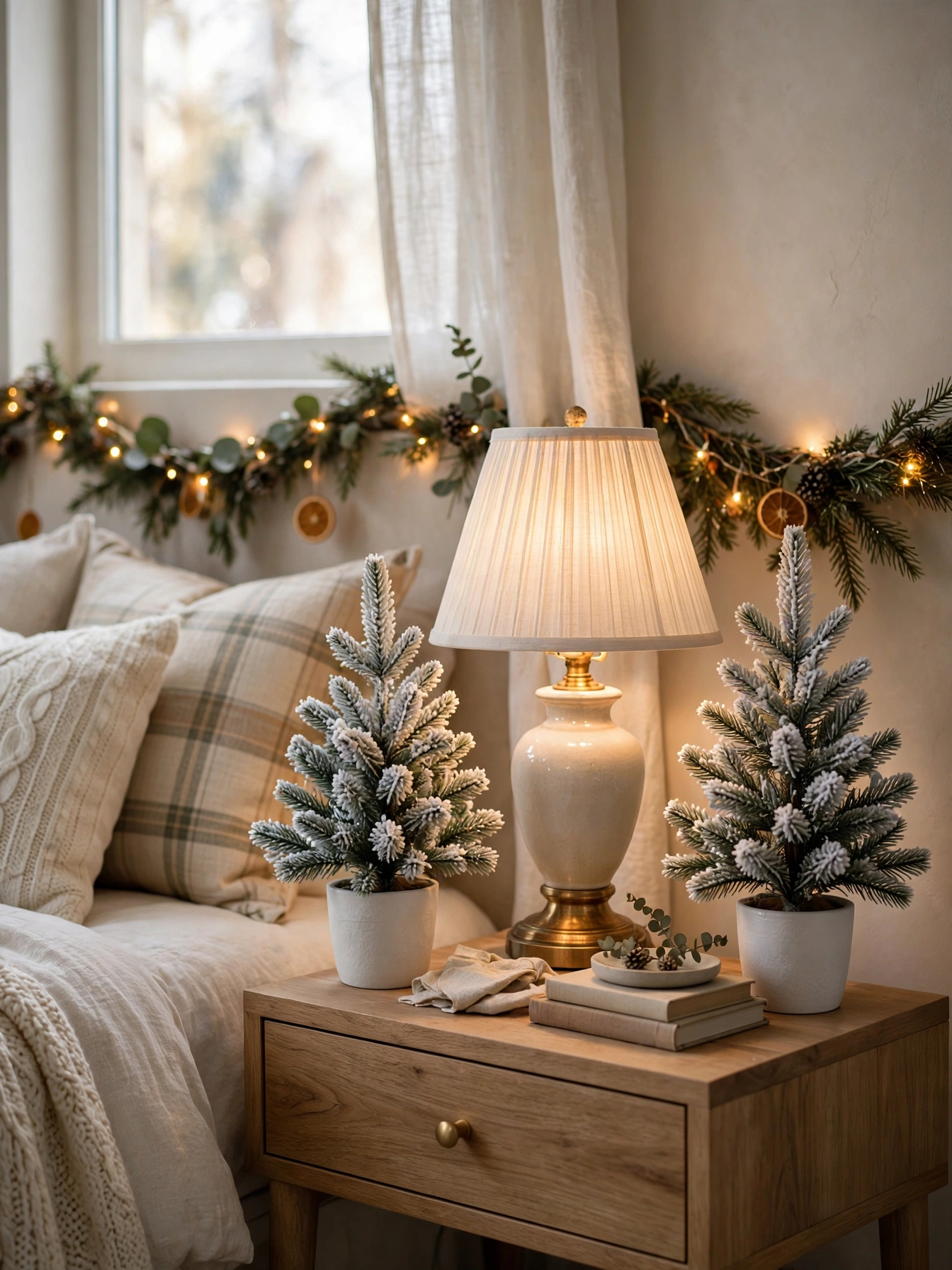 Two 18 inch mini frosted pine trees in white ceramic pots flanking a bedroom nightstand, a classic christmas bedroom decor ideas 2026 look.