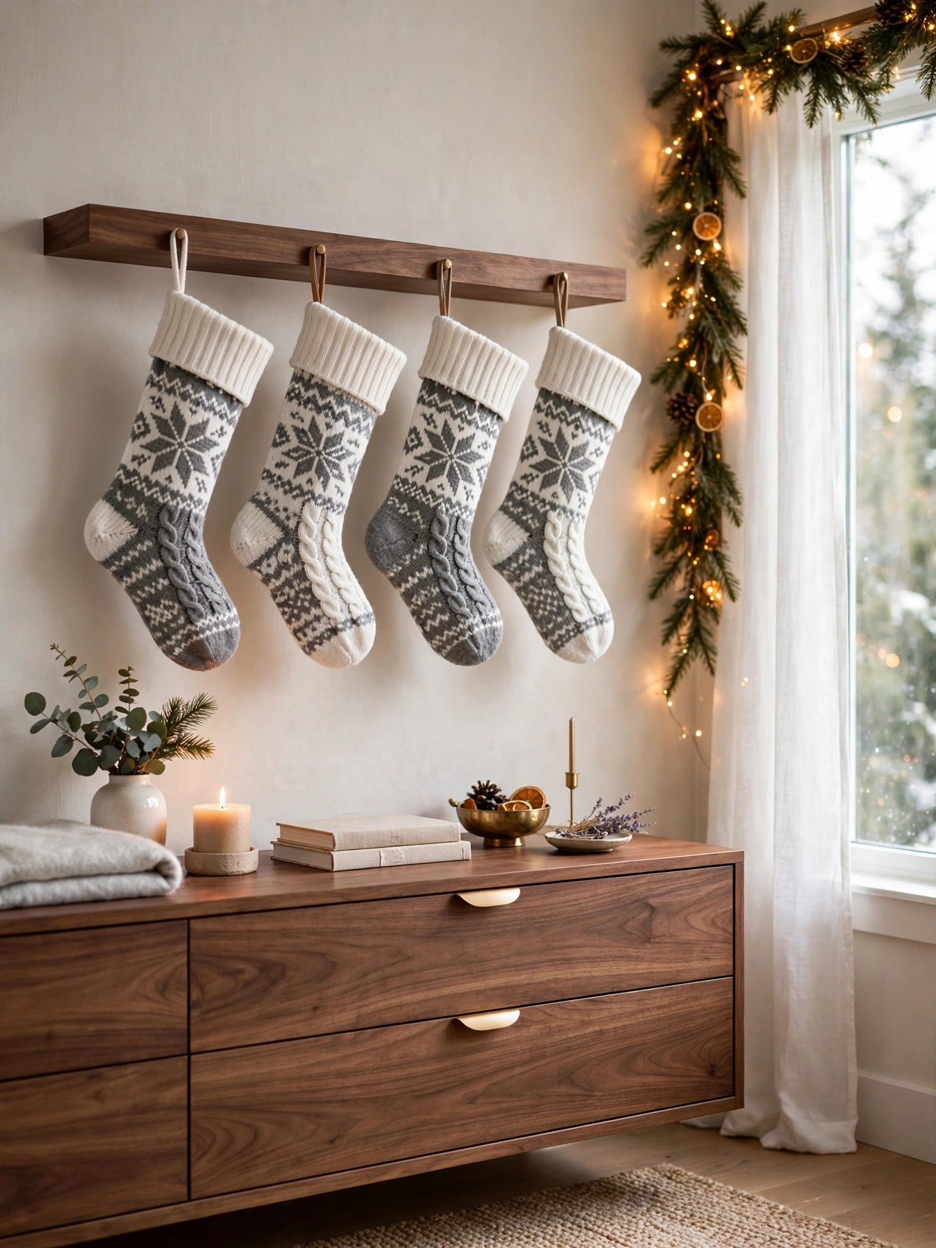 Four white and gray Nordic knit stockings hung from a walnut shelf above a bedroom dresser, a cozy christmas bedroom decor ideas 2026 pick.