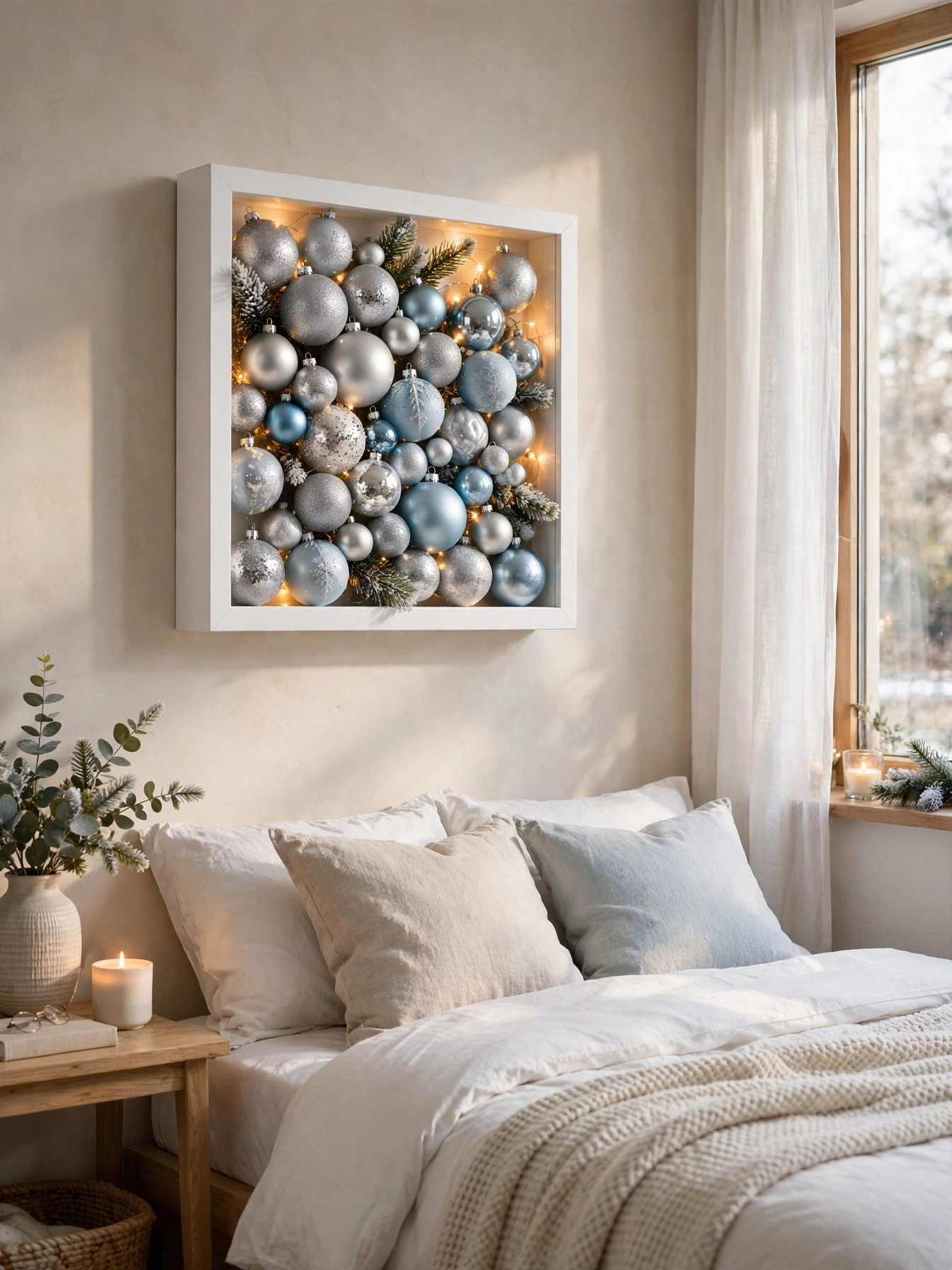 White shadow box filled with silver and ice blue Christmas ornaments hanging on a bedroom wall, a cozy christmas bedroom decor ideas 2026 pick.