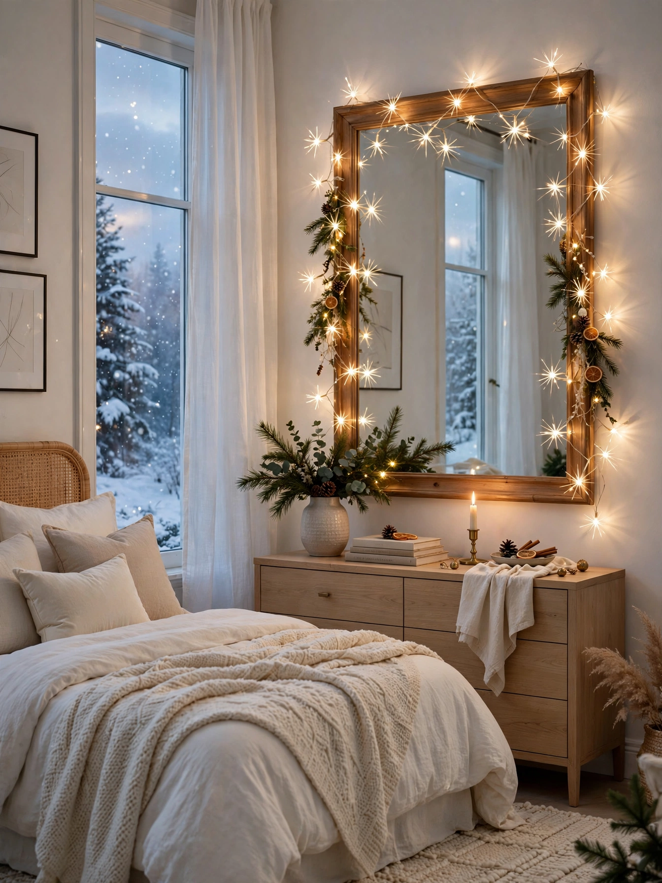 Starburst fairy lights draped along a bedroom mirror frame glowing warm white at dusk, a cozy christmas bedroom decor ideas 2026 pick.