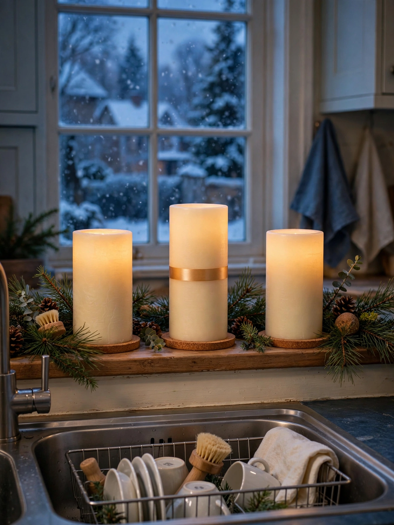Christmas countertop decor ideas 2026: flameless pillar candles on a kitchen window sill above the sink