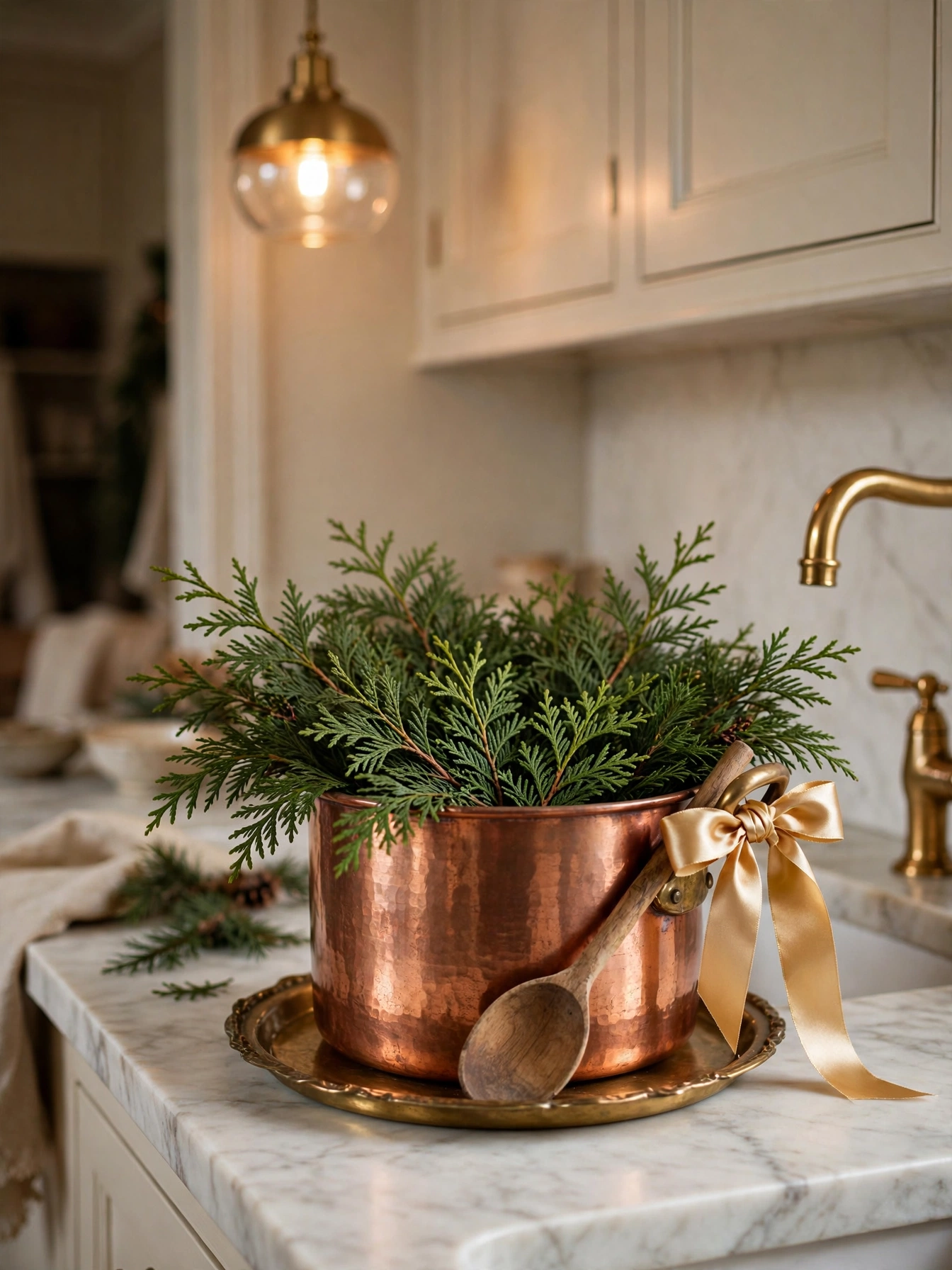 Christmas countertop decor ideas 2026: copper pot filled with cedar sprigs on a marble counter