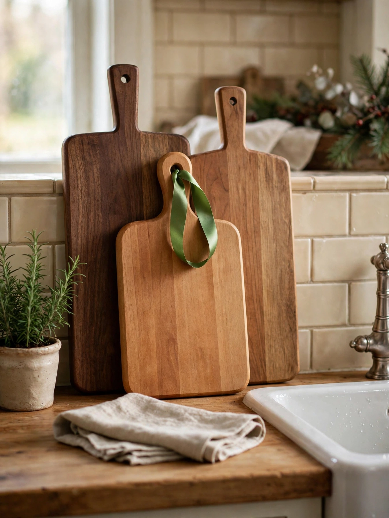 Christmas countertop decor ideas 2026: wooden cutting boards leaning against a tile backsplash