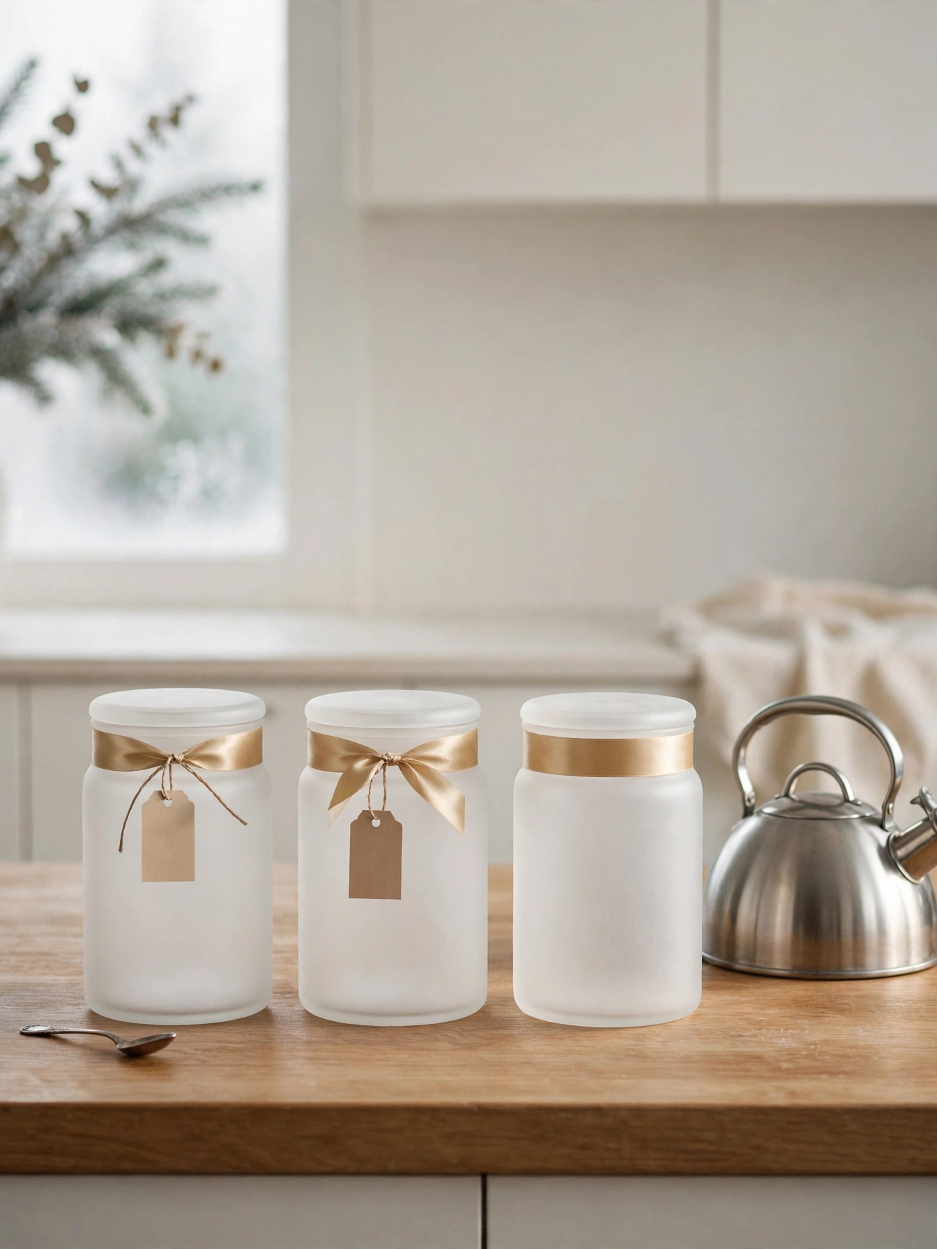 Christmas countertop decor ideas 2026: frosted glass canisters with satin bands beside a kettle