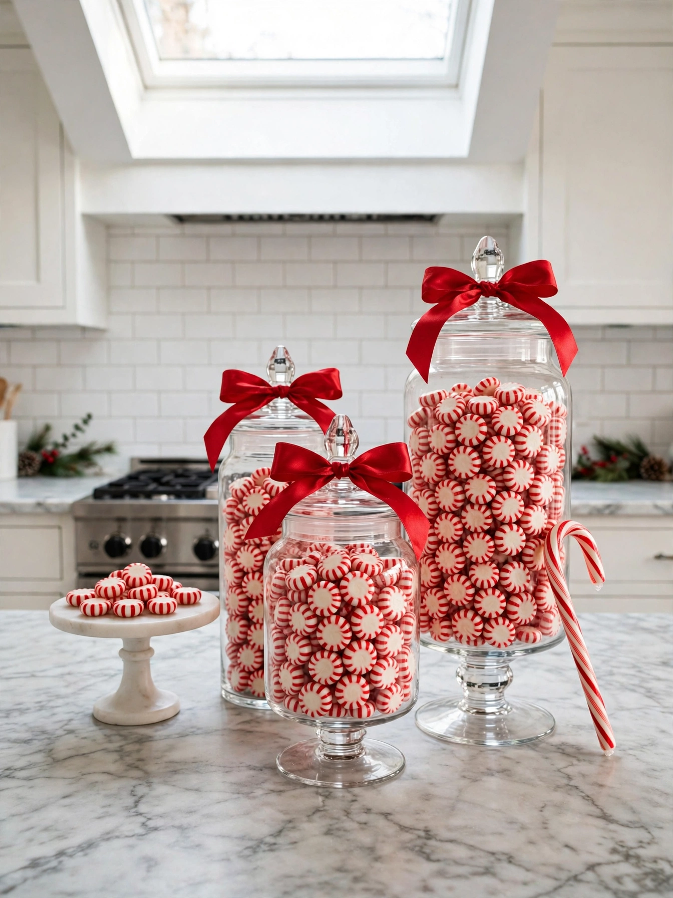 Christmas countertop decor ideas 2026: glass apothecary jars filled with peppermint candy on a marble counter