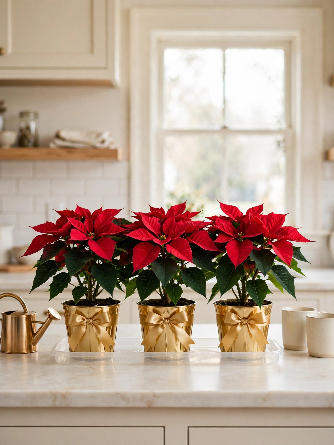 Christmas countertop decor ideas 2026: three red poinsettias in gold cachepots lined up on a drip tray
