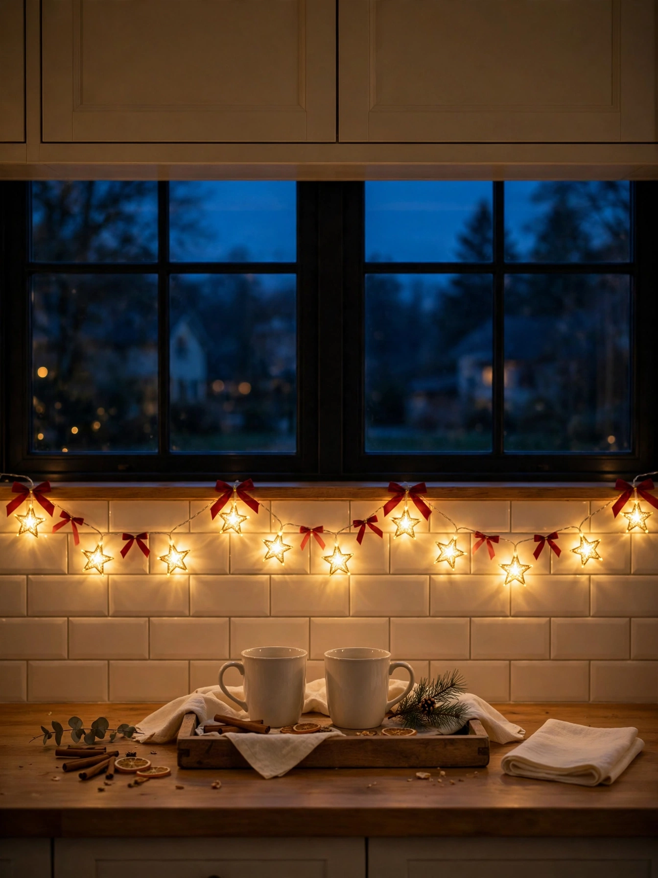 Christmas countertop decor ideas 2026: star-shaped string lights glowing along a kitchen backsplash at dusk