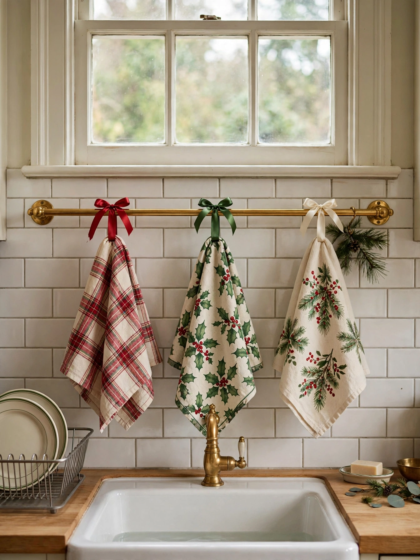 Christmas countertop decor ideas 2026: holiday tea towels hanging on a brass towel bar beside the sink
