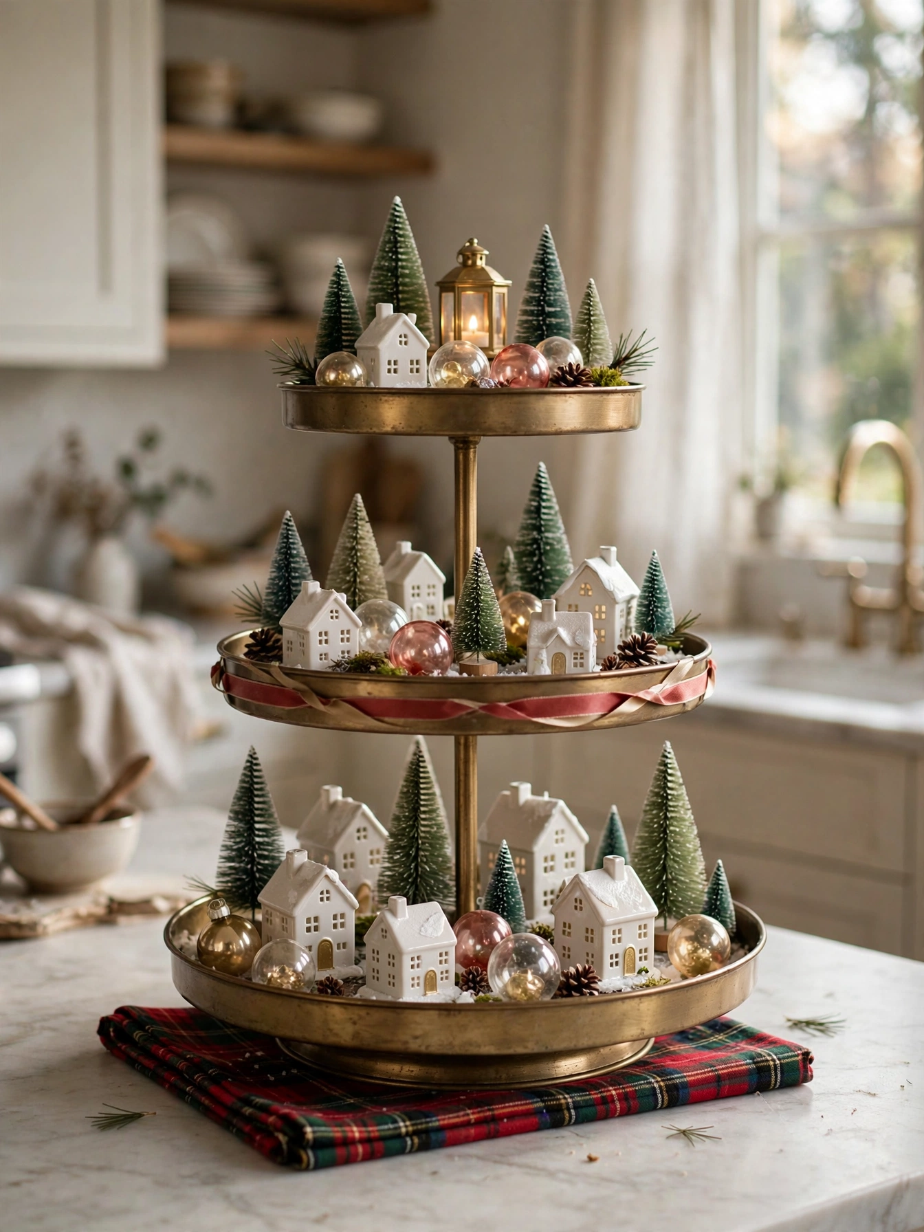Christmas countertop decor ideas 2026: three-tier tray with miniature Christmas village pieces