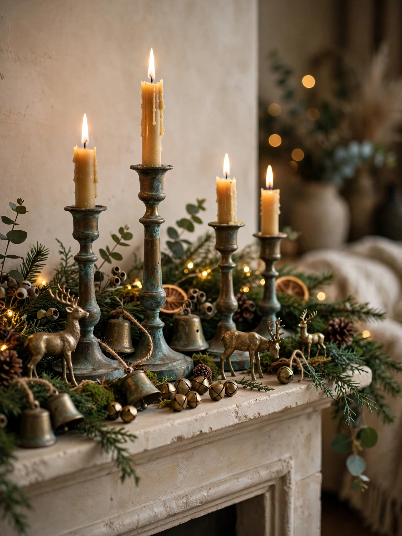 Aged brass candlesticks and bells on a Christmas mantel, the warm metallic accent in christmas decor trends for 2026