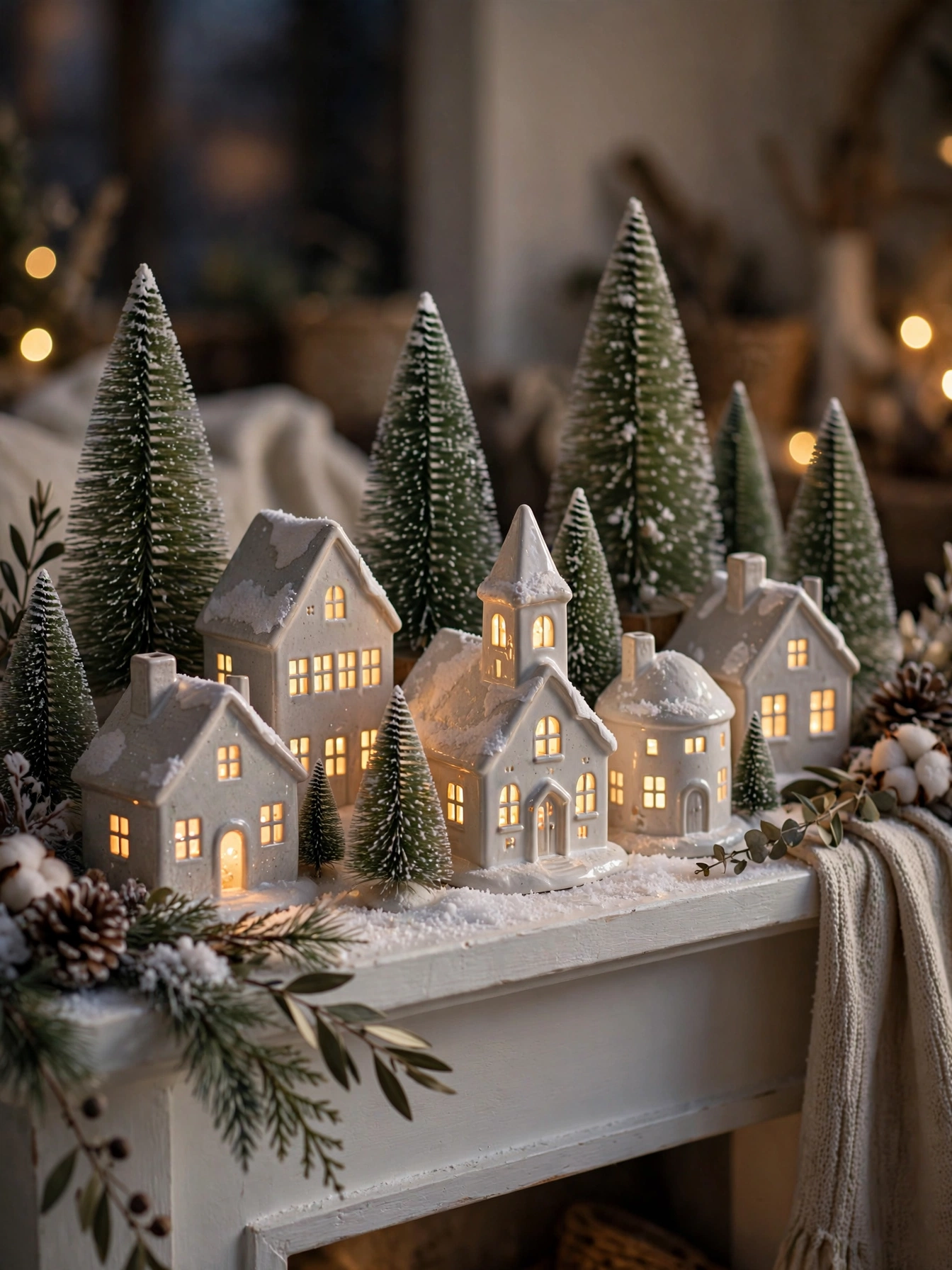 Lit ceramic Christmas village houses on a snowy mantel display, the nostalgic trend in christmas decor trends for 2026