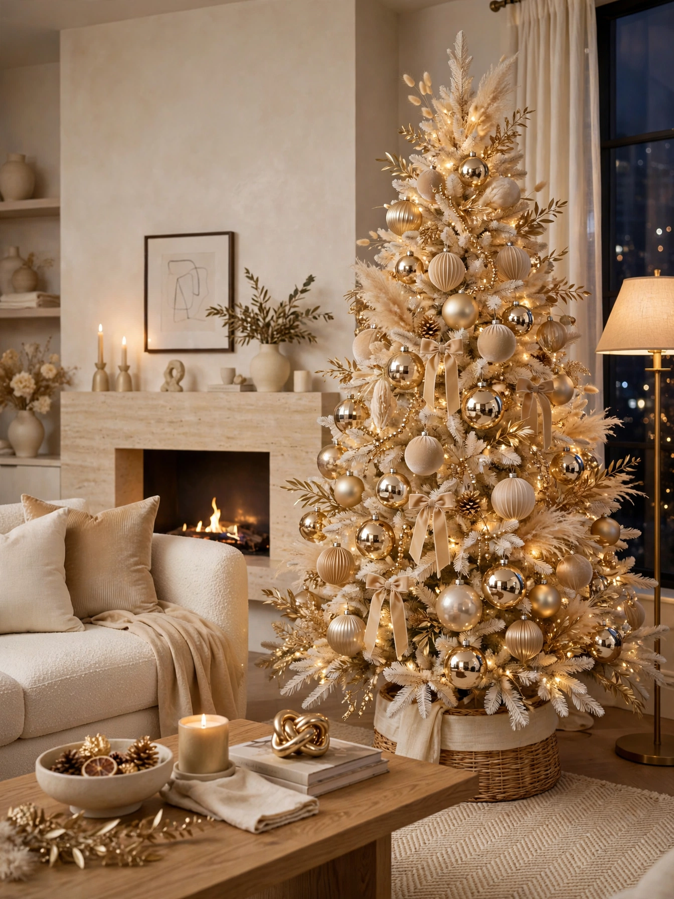 Champagne gold ornaments and ribbon on a cream Christmas tree, a refined palette in christmas decor trends for 2026