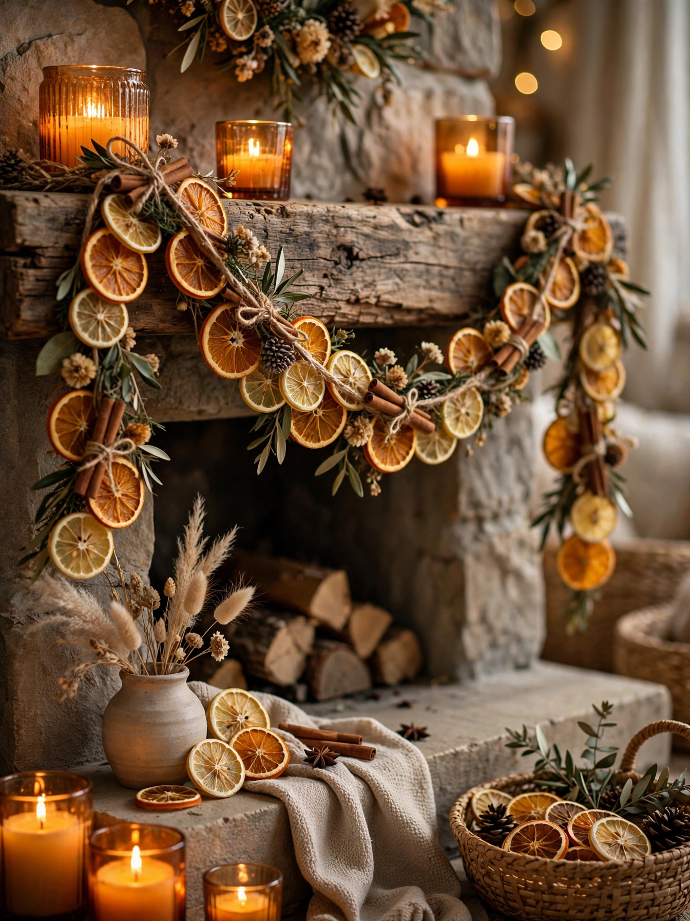 Garland of dried orange and lemon slices with cinnamon sticks on a mantel, a natural craft in christmas decor trends for 2026