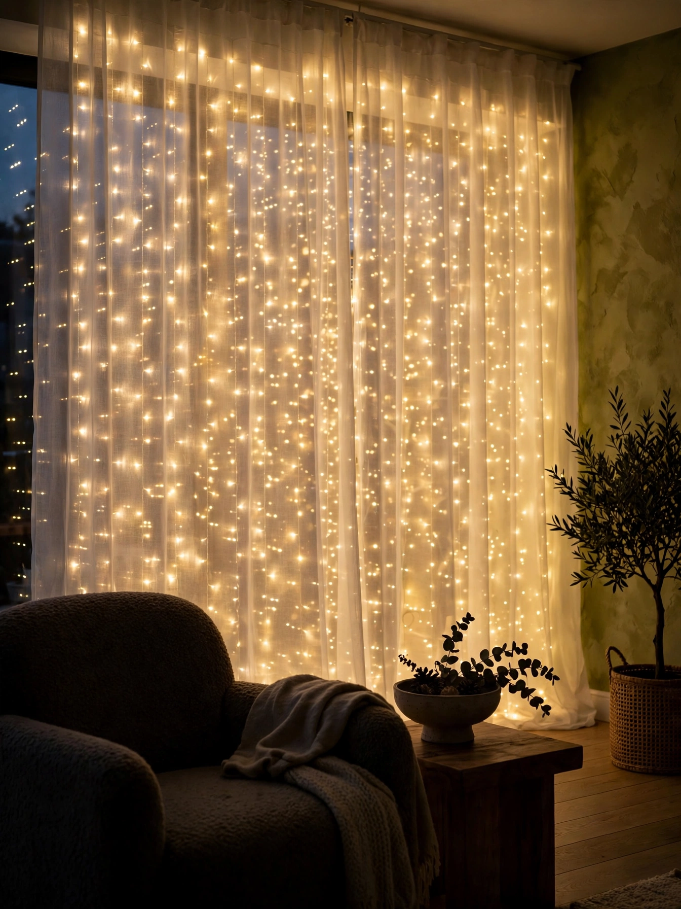 Curtain of warm fairy lights behind sheer drapes in a living room, the magical lighting layer of christmas decor trends for 2026