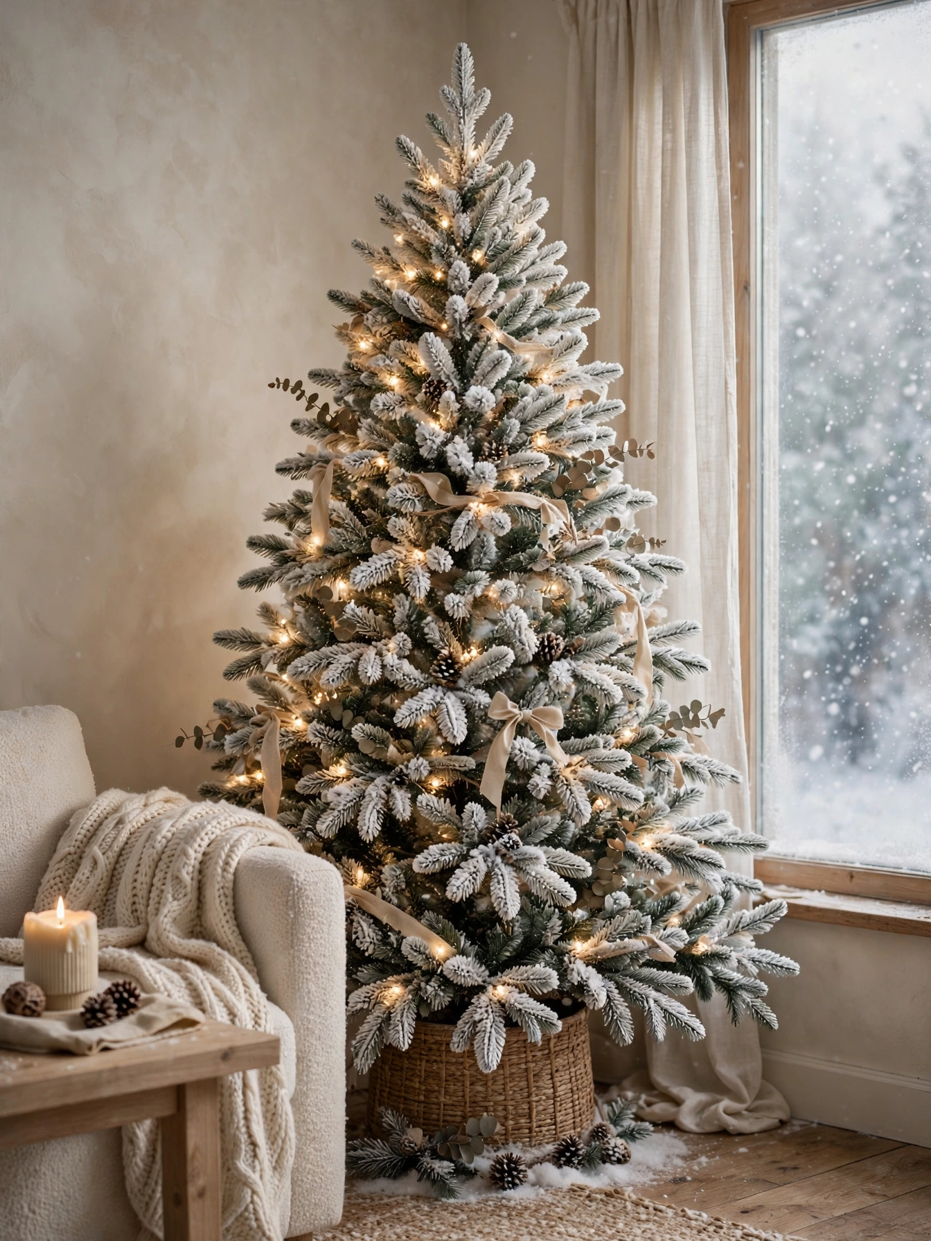 Flocked Christmas tree with white frosted tips and warm lights, a dreamy entry in christmas decor trends for 2026