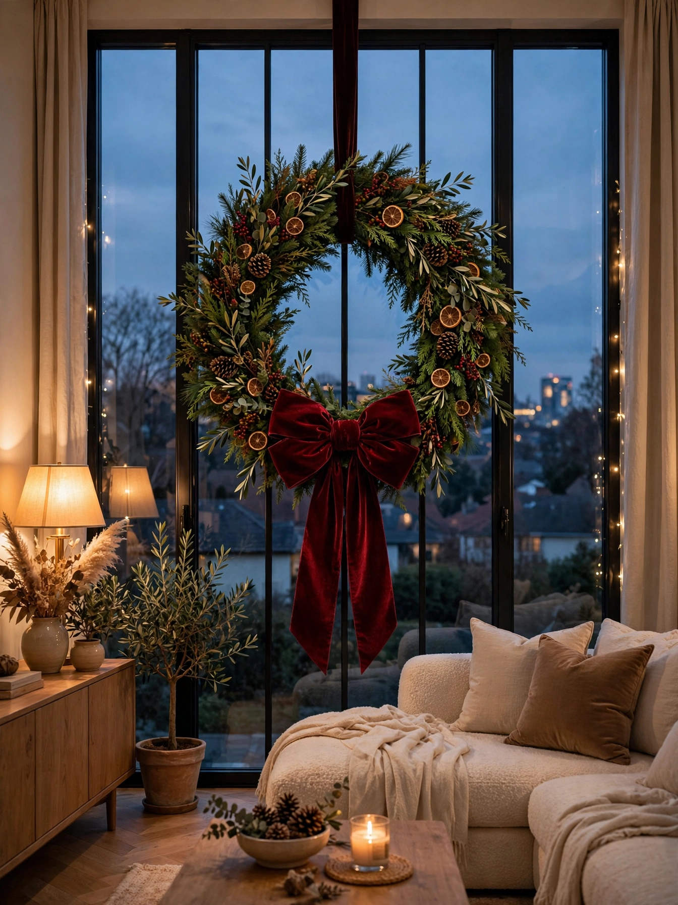 Large Christmas wreath with red velvet bow hanging in a tall window, a classic statement in christmas decor trends for 2026