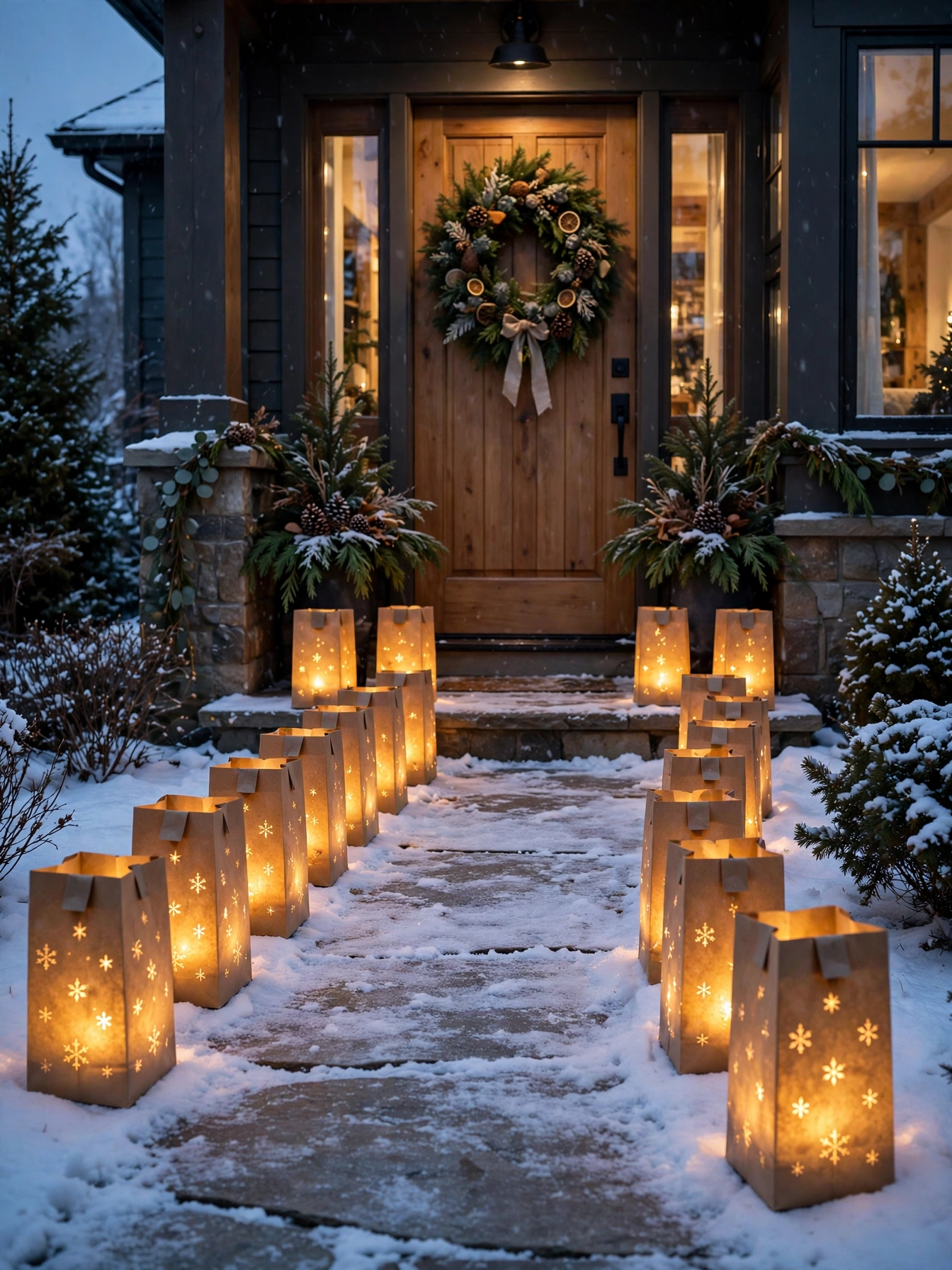 Glowing paper luminarias lining a snowy walkway at dusk, the magical outdoor glow in christmas decor trends for 2026
