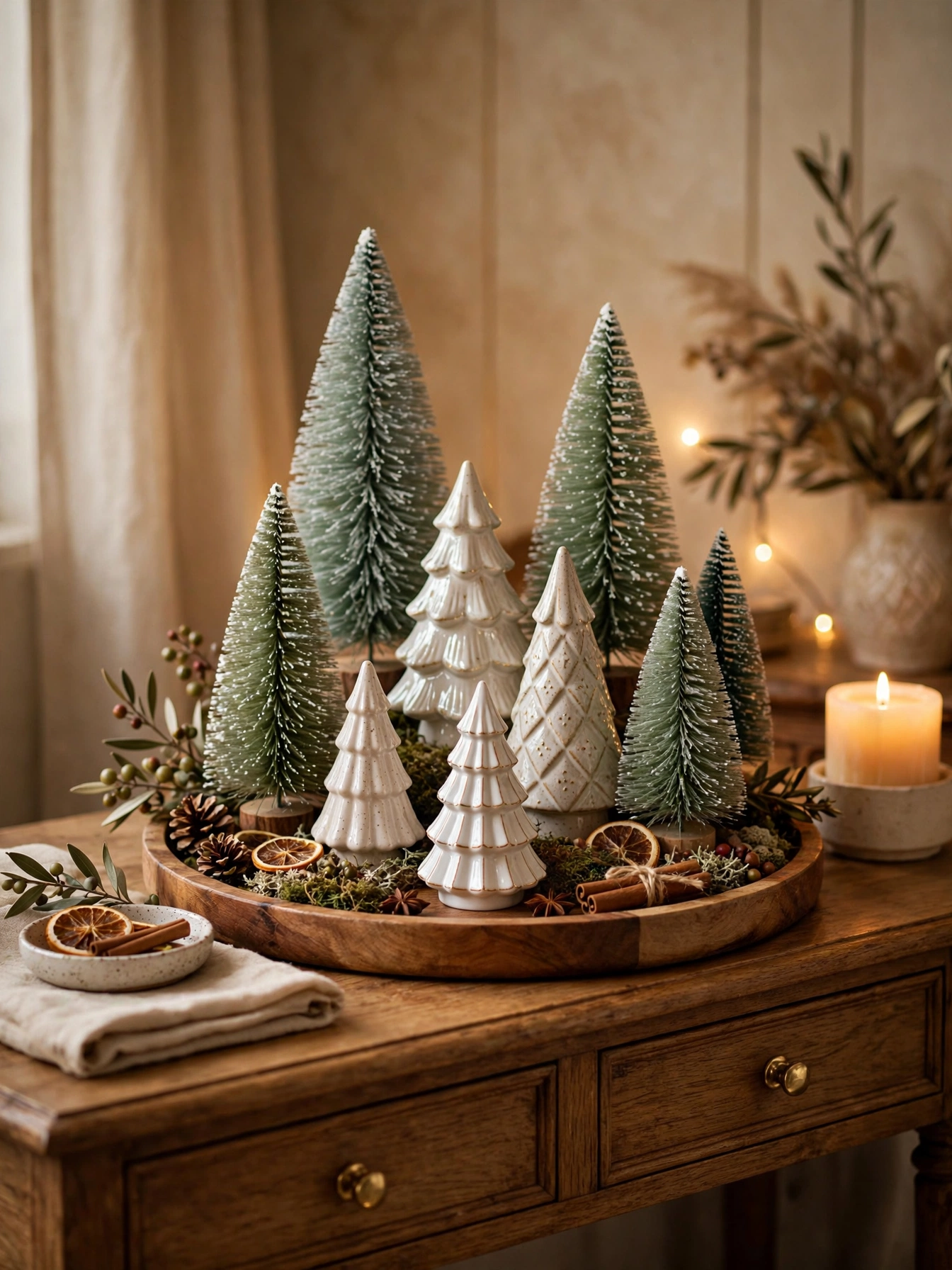 Cluster of small bottle-brush and ceramic Christmas trees on a console table, the charming mini forest in christmas decor trends for 2026