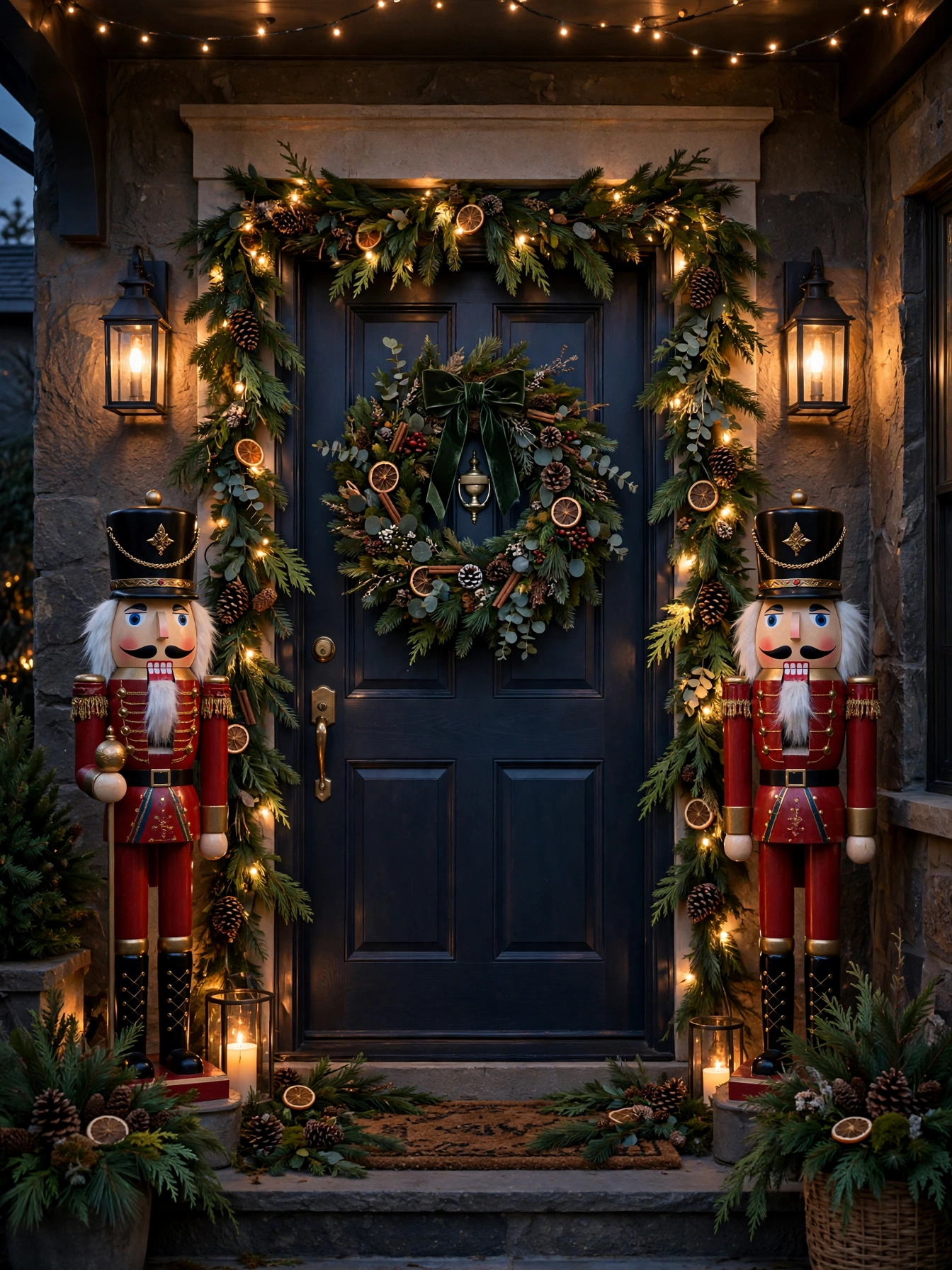 Pair of 4 foot nutcracker figures flanking a front door, the grand statement in christmas decor trends for 2026