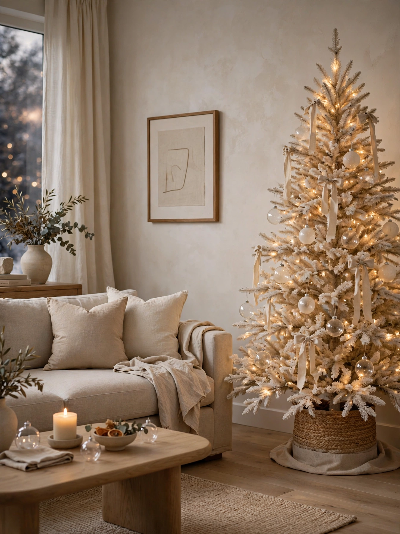 Understated elegant living room with cream tree and linen textiles, the quiet luxury side of christmas decor trends for 2026