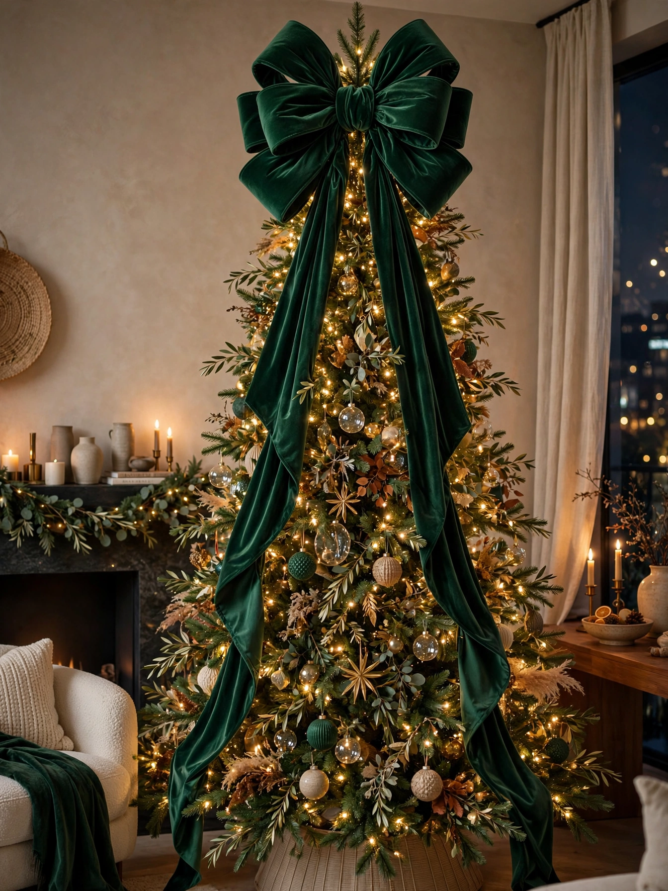 Large sculptural velvet bow tree topper on a 7 foot Christmas tree, a bold move in christmas decor trends for 2026