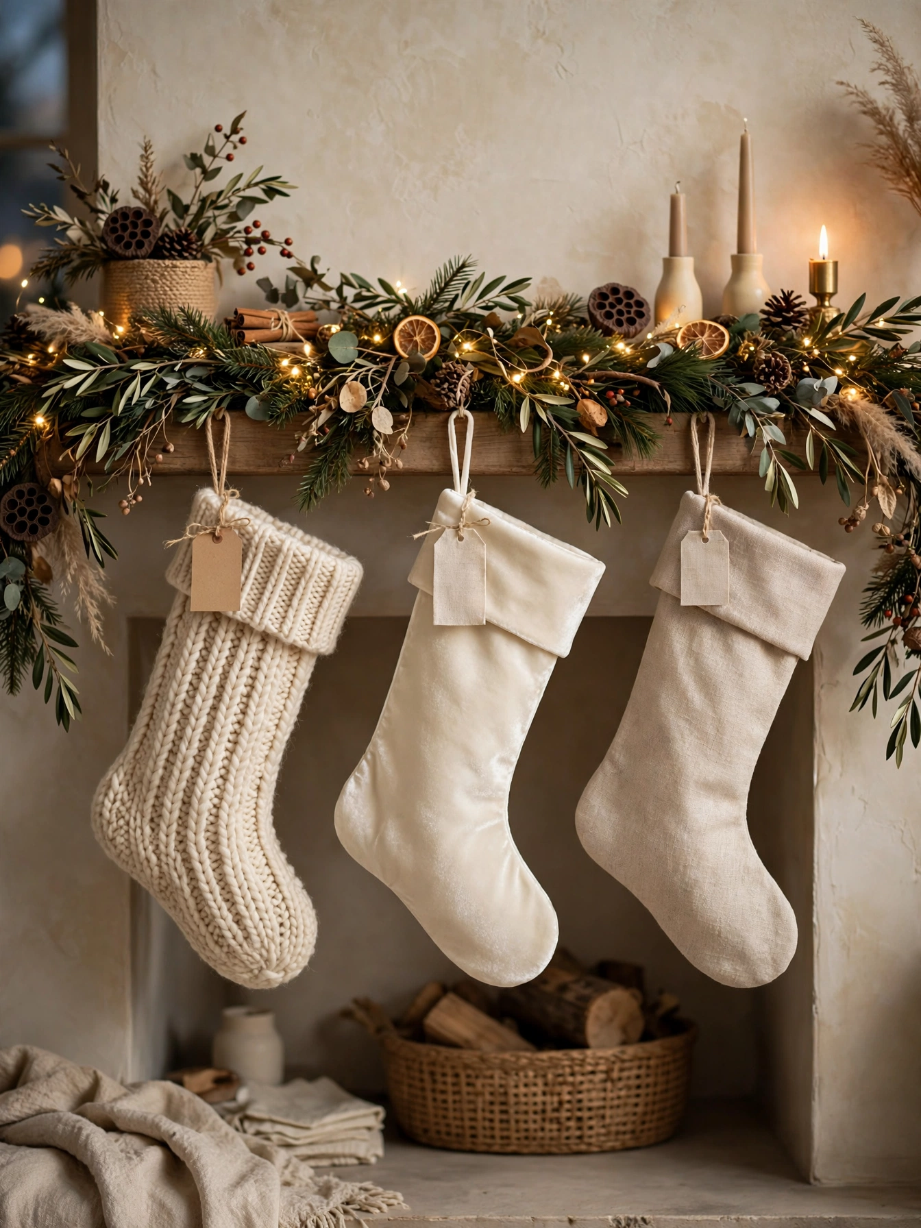 Coordinated stockings in mixed textures hanging from a garland mantel, the personalized detail in christmas decor trends for 2026