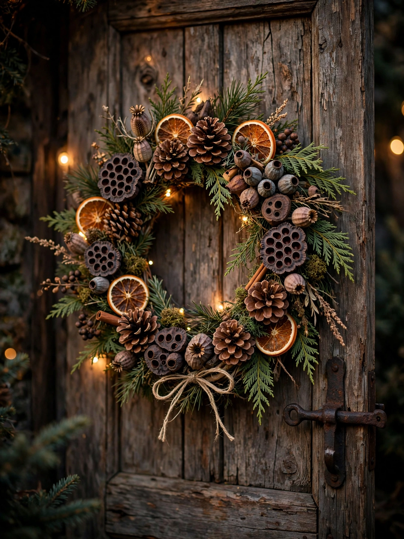 Wreath of foraged pinecones, seed pods, and cedar sprigs, the eco-friendly face of christmas decor trends for 2026
