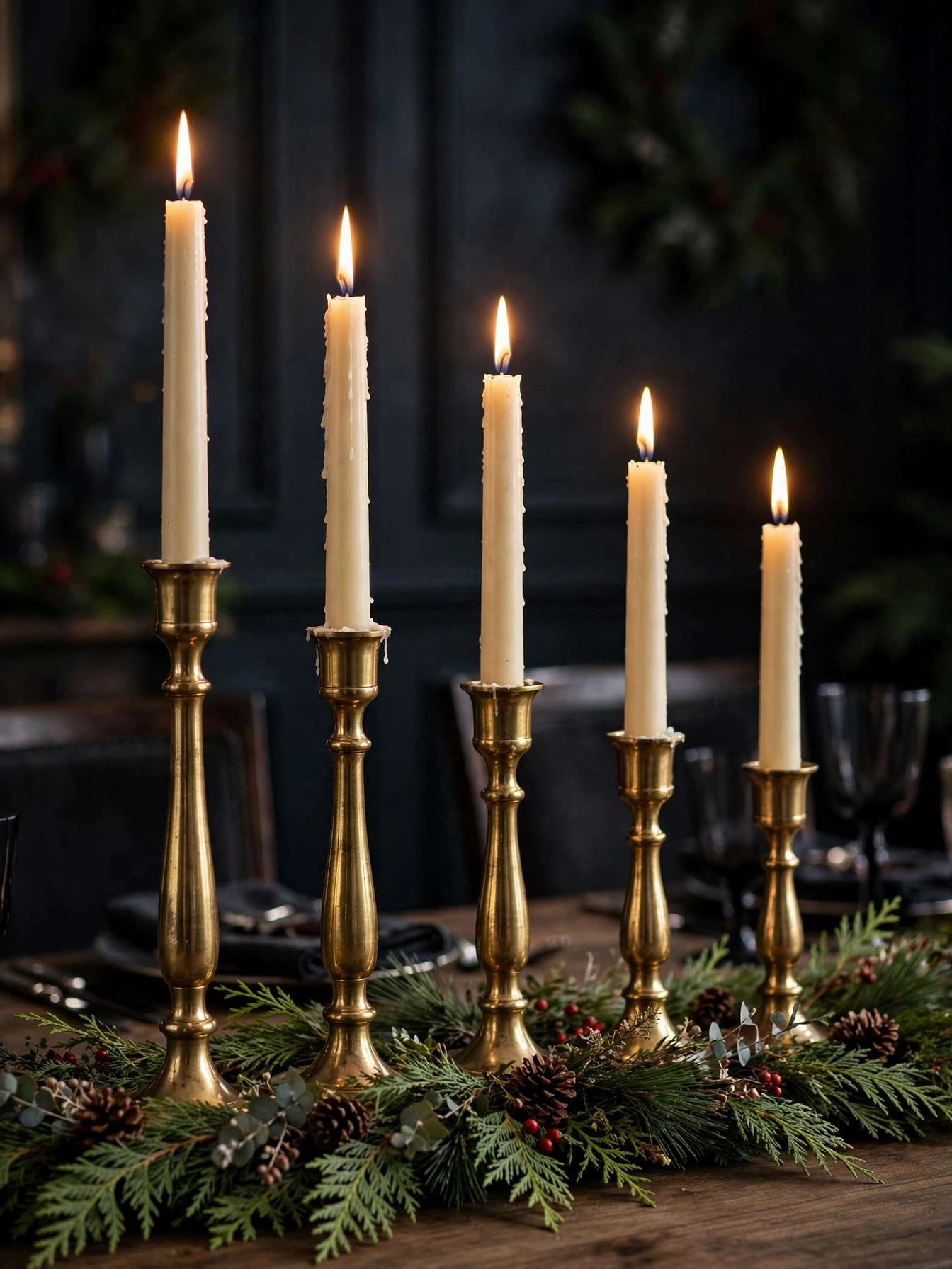 Tall brass taper holders with lit ivory candles, a stately christmas dining table decor ideas 2026 centerpiece
