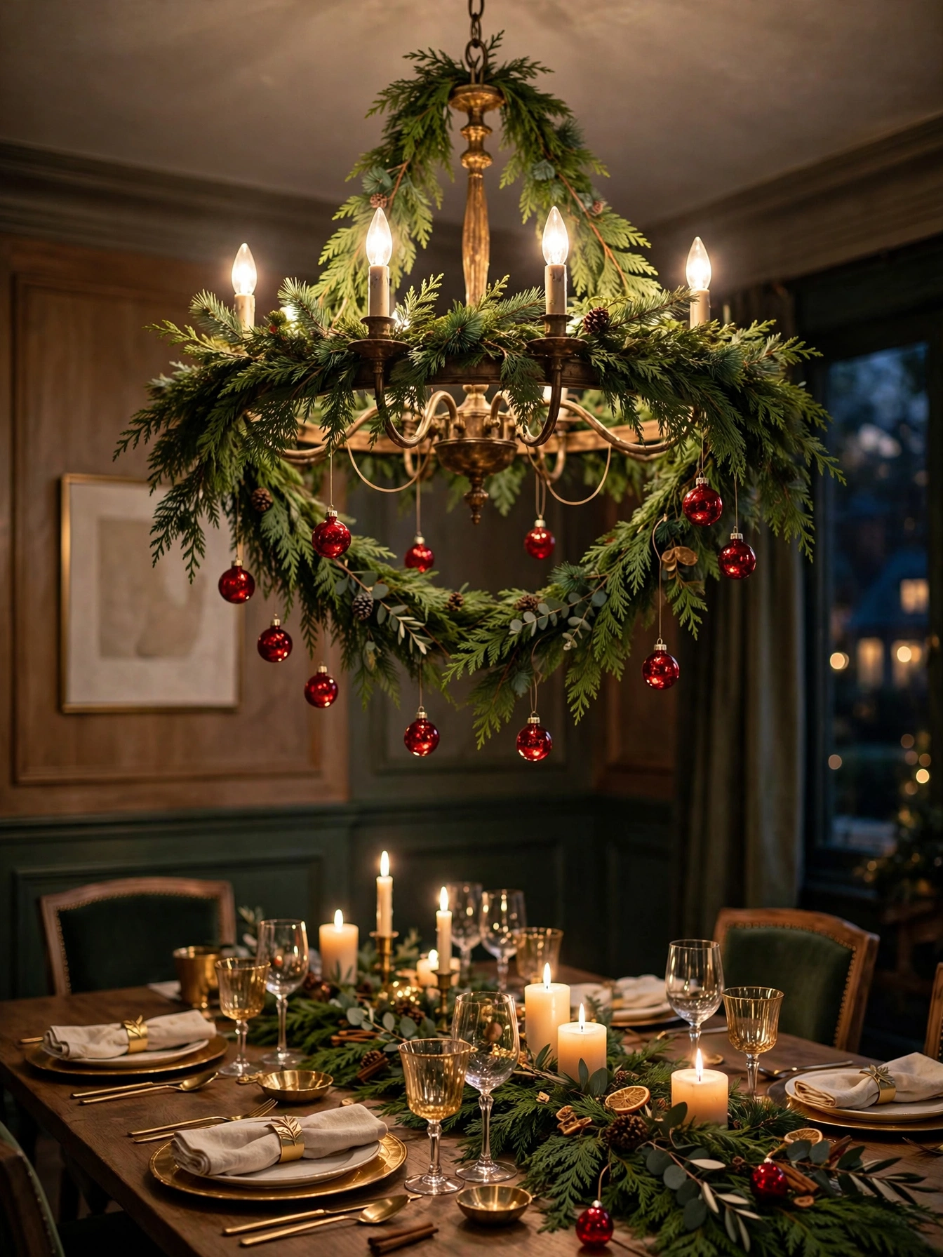 Chandelier draped with cedar garland over a Christmas table, a dramatic christmas dining table decor ideas 2026 overhead accent