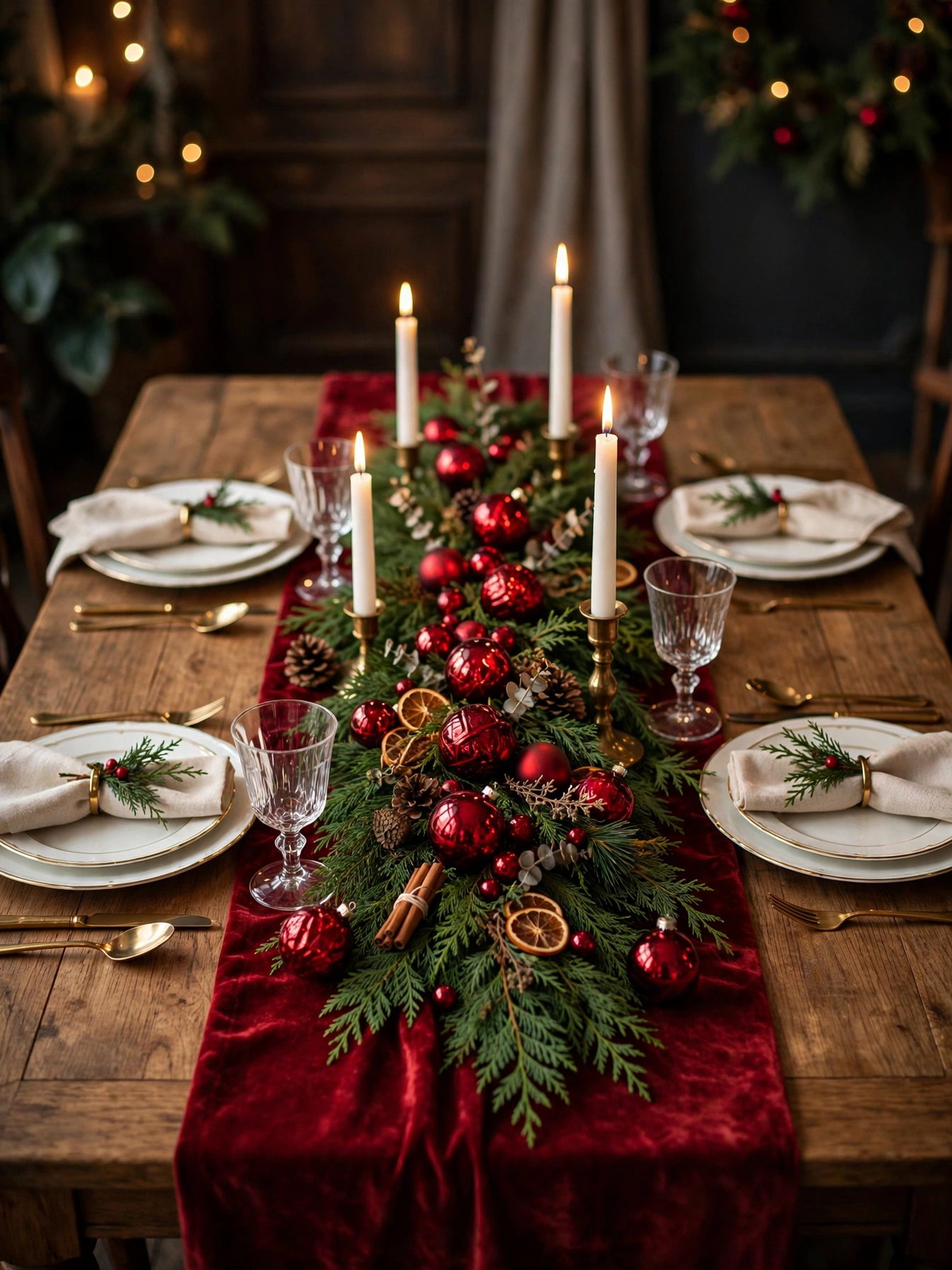 Classic red and green Christmas table with garland and candles, timeless christmas dining table decor ideas 2026 styling