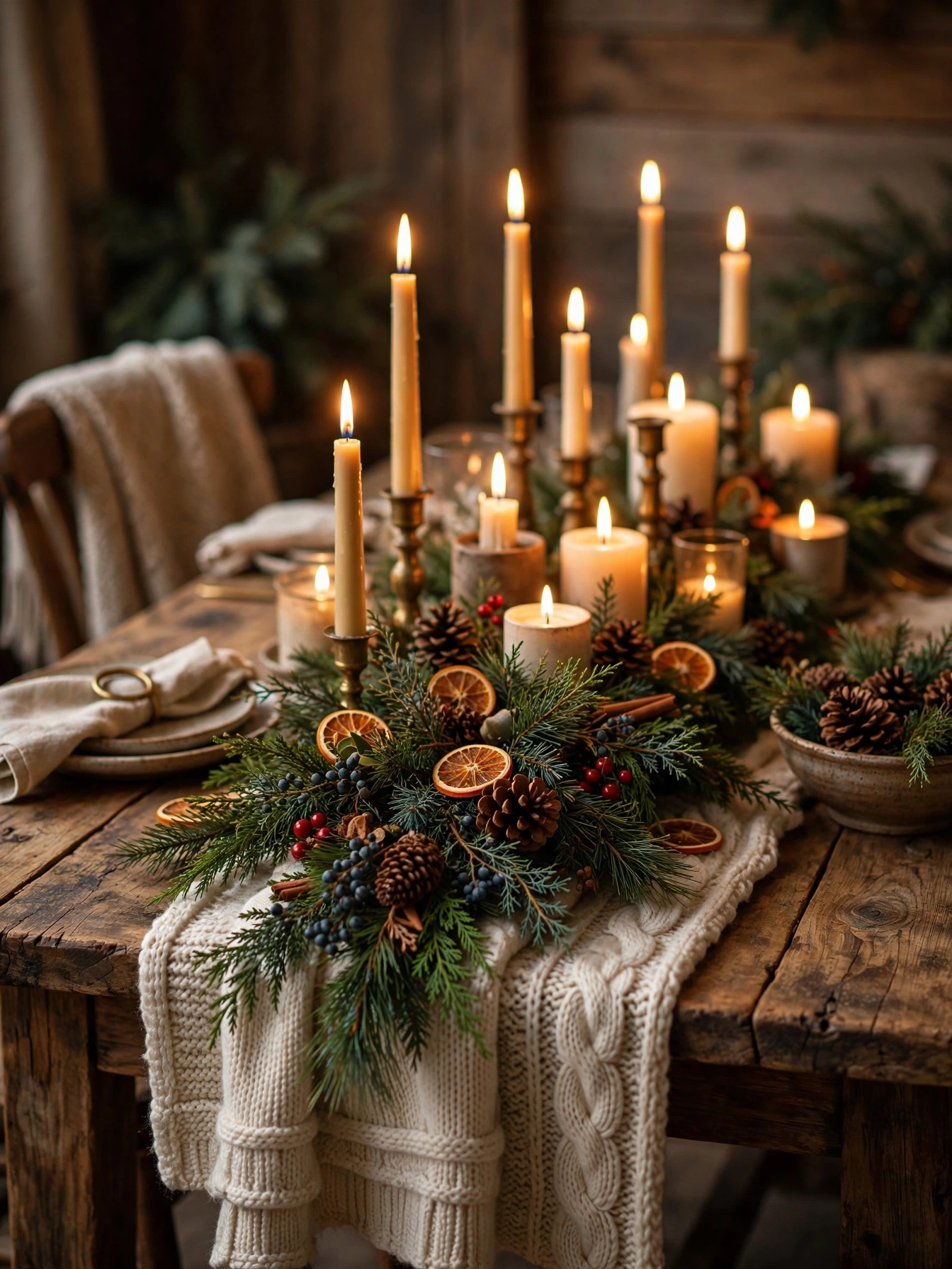 Cozy candlelit rustic Christmas table with pine garland, a warm christmas dining table decor ideas 2026 gathering