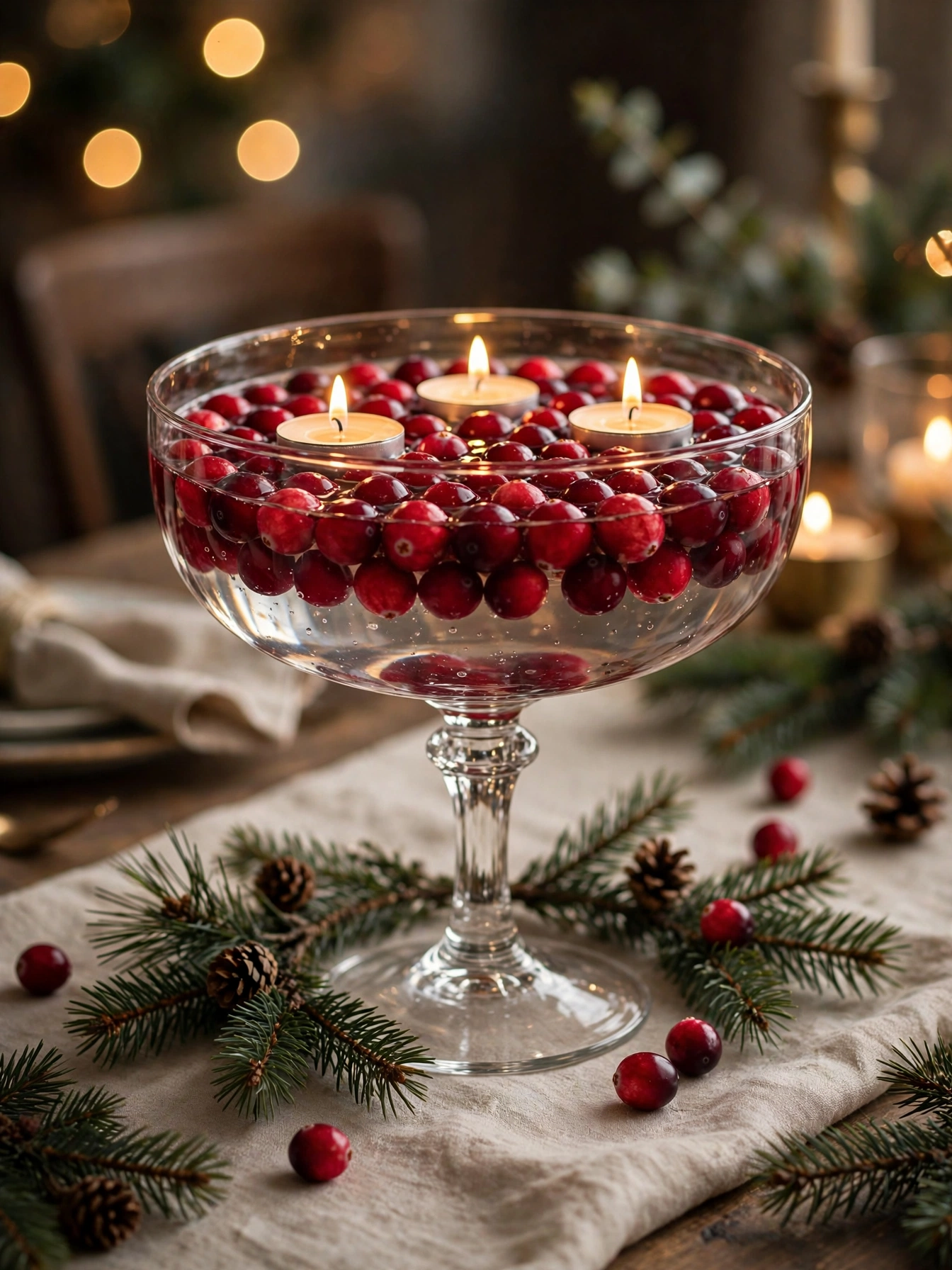 Glass bowl of cranberries with floating tea lights, a simple christmas dining table decor ideas 2026 centerpiece