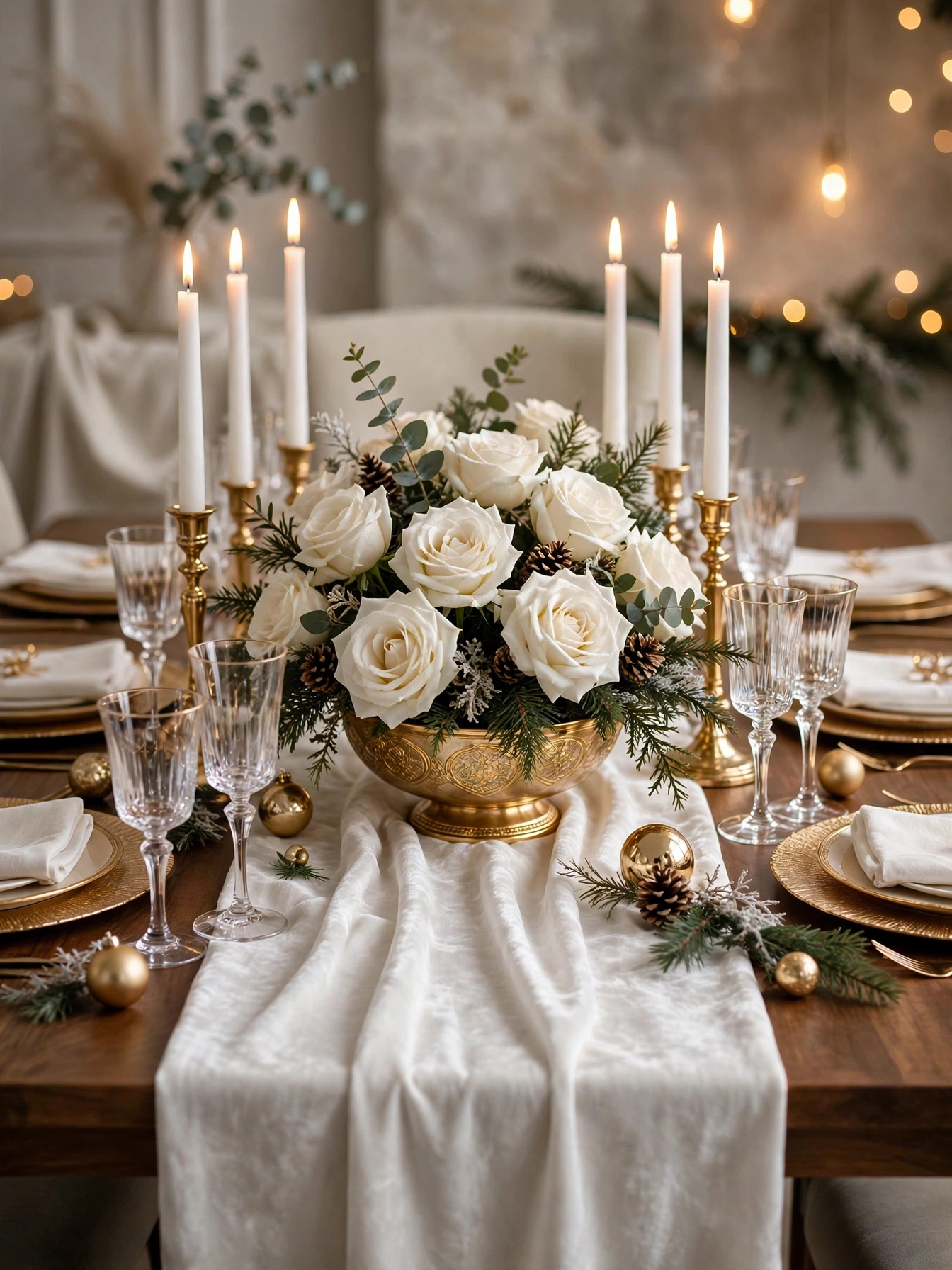 Elegant white and gold Christmas dining table with roses, a luxurious christmas dining table decor ideas 2026 setting