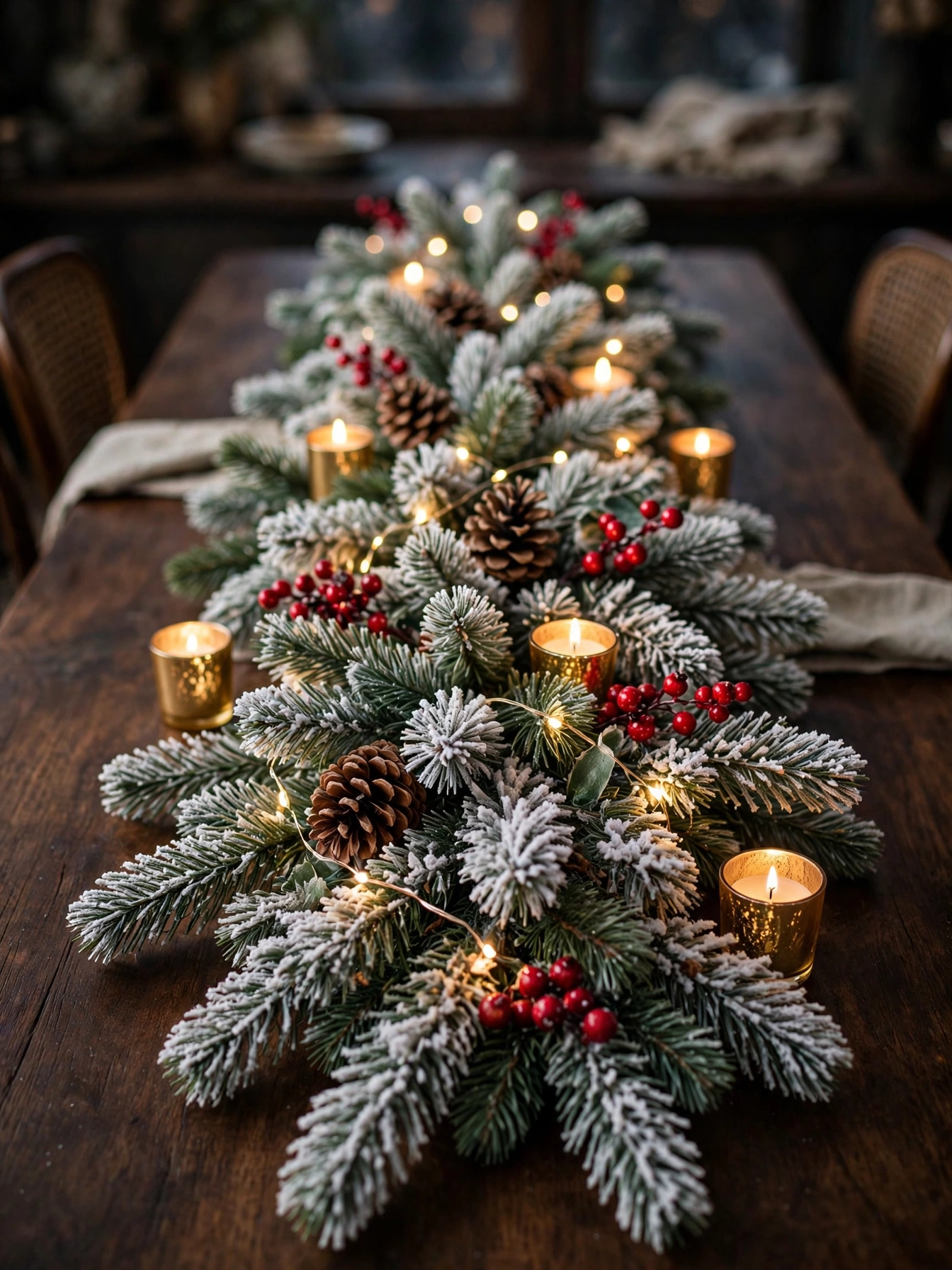 Frosted pine garland with fairy lights down the table center, a magical christmas dining table decor ideas 2026 centerpiece