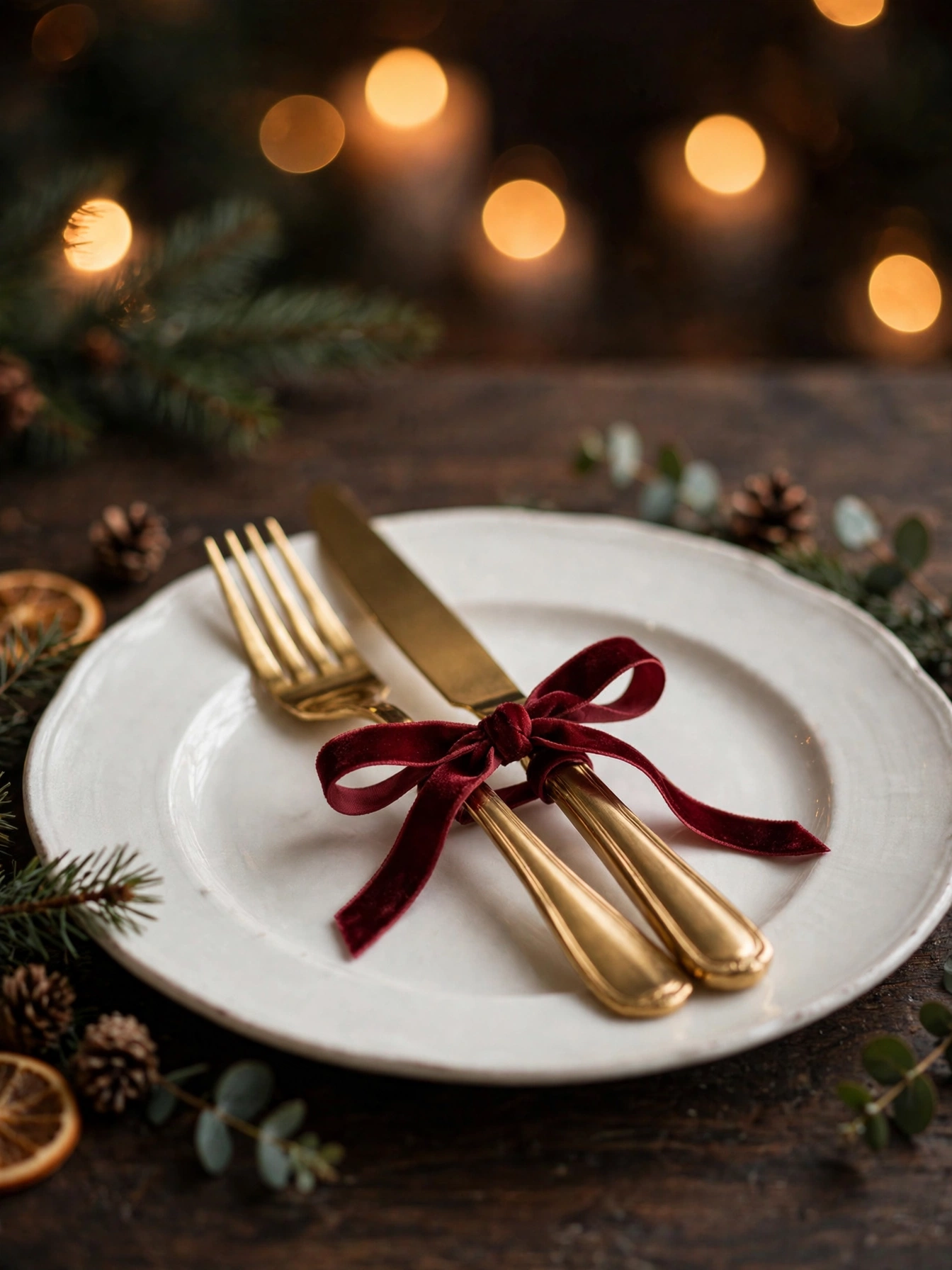 Gold flatware tied with velvet ribbon bows on dinner plates, a polished christmas dining table decor ideas 2026 detail