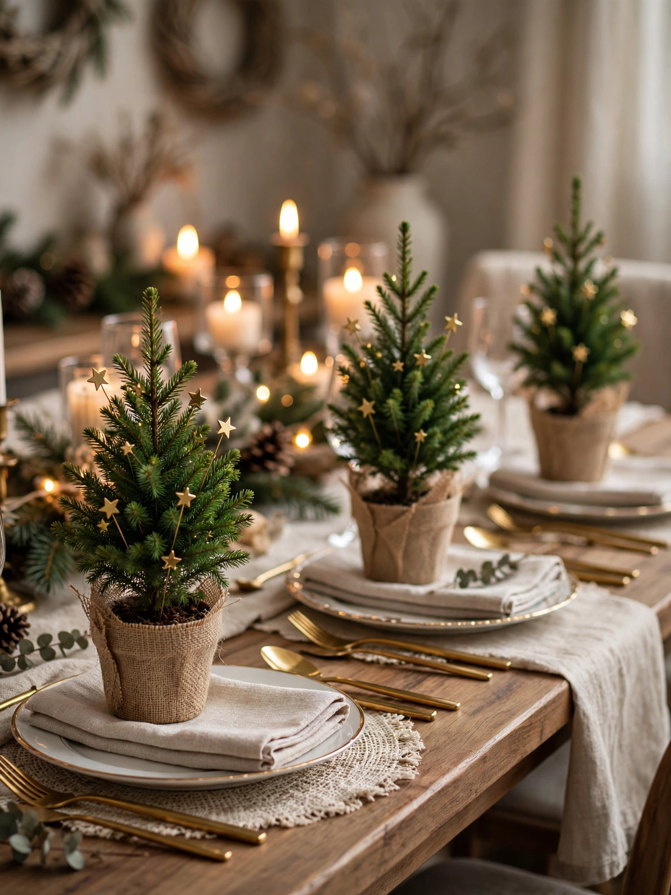 Mini potted evergreen trees as place setting favors, a fresh christmas dining table decor ideas 2026 idea