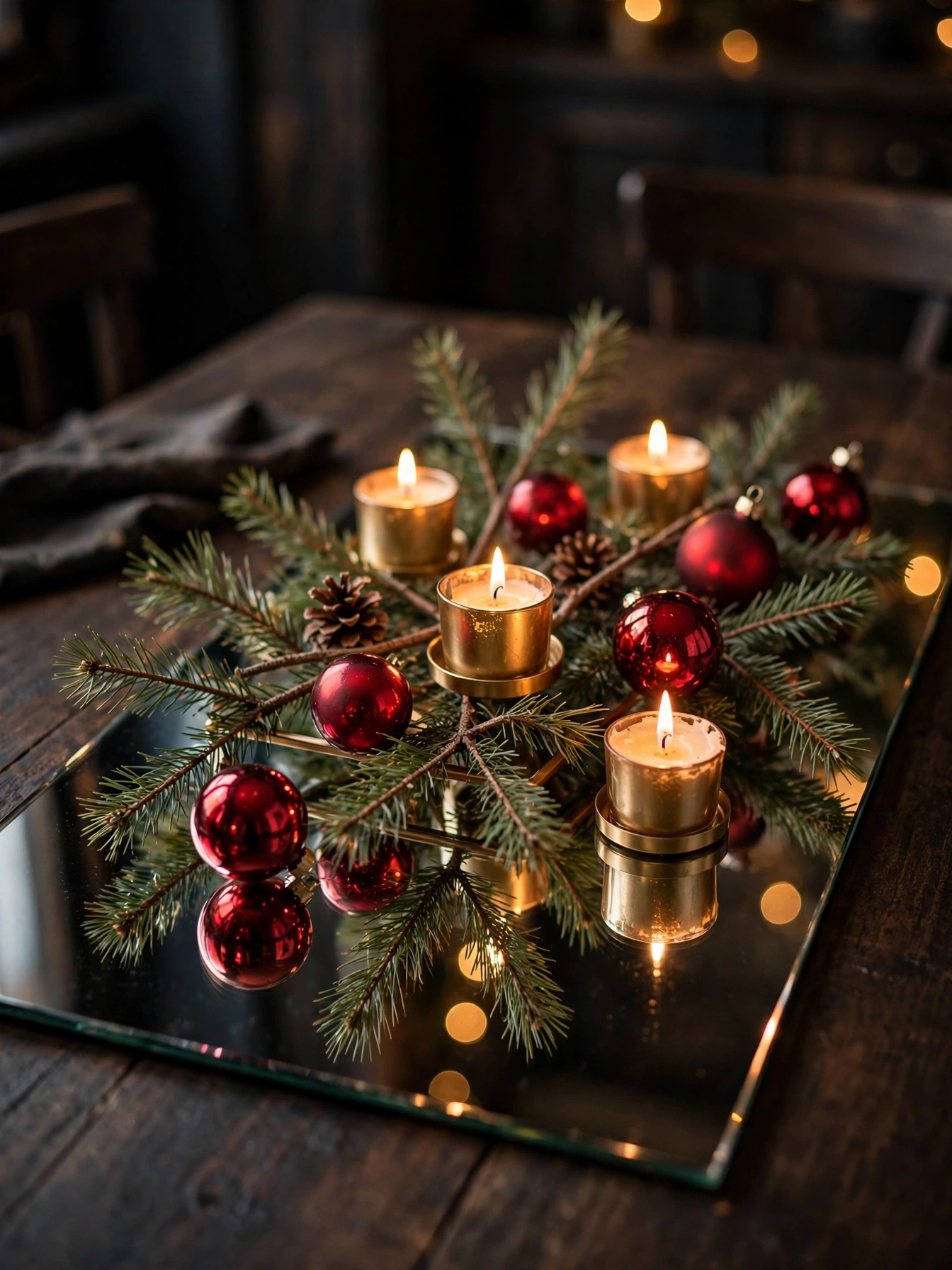 Mirrored tray with ornaments and votives reflecting candlelight, a luminous christmas dining table decor ideas 2026 accent