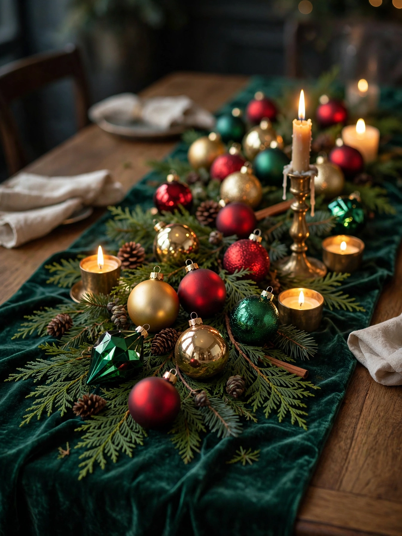 Red gold and emerald ornaments scattered on a velvet runner, a festive christmas dining table decor ideas 2026 accent