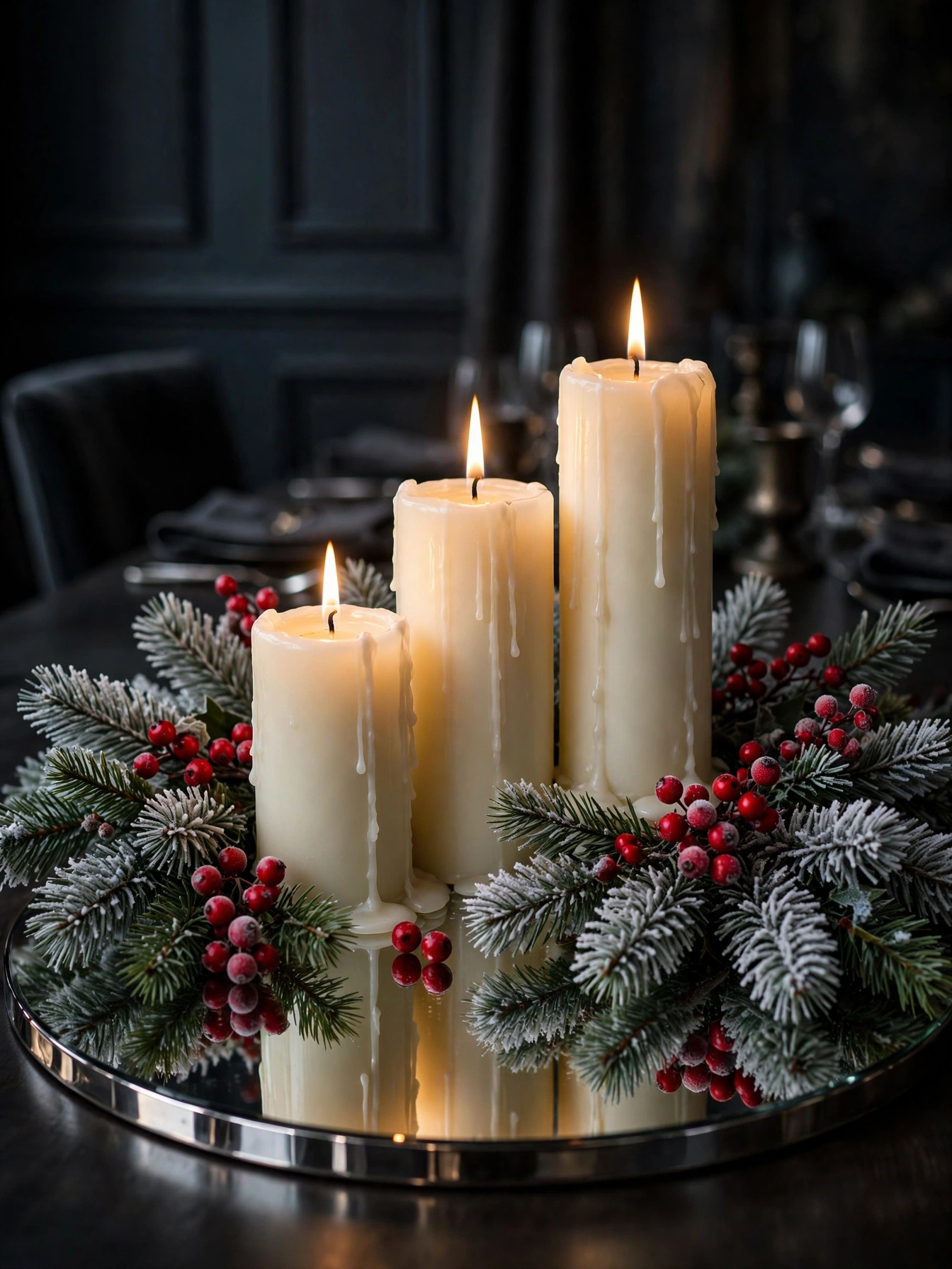 Cluster of ivory pillar candles on a mirrored tray with frosted pine, a warm christmas dining table decor ideas 2026 centerpiece