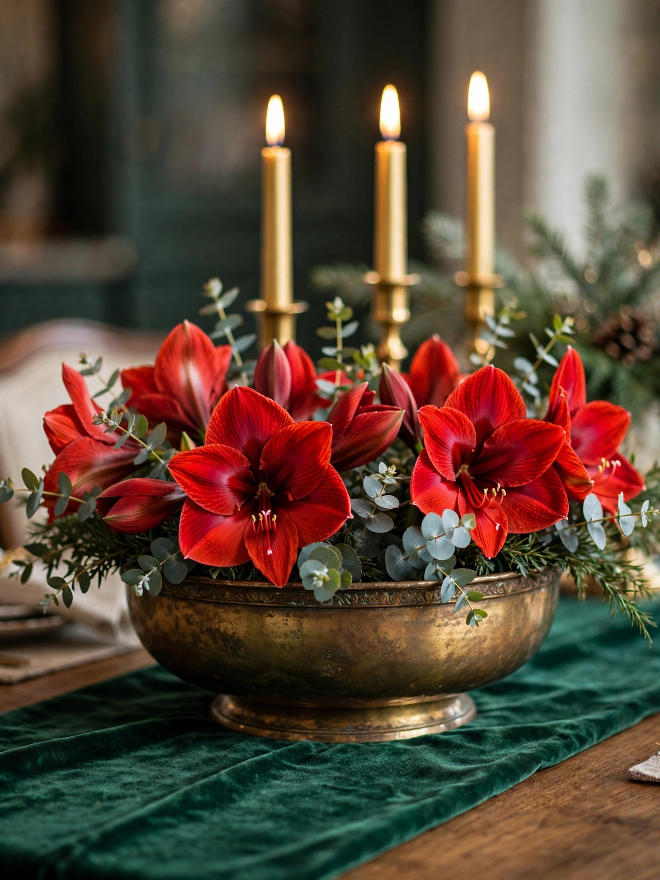Red amaryllis blooms in a brass bowl centerpiece, a bold christmas dining table decor ideas 2026 focal point