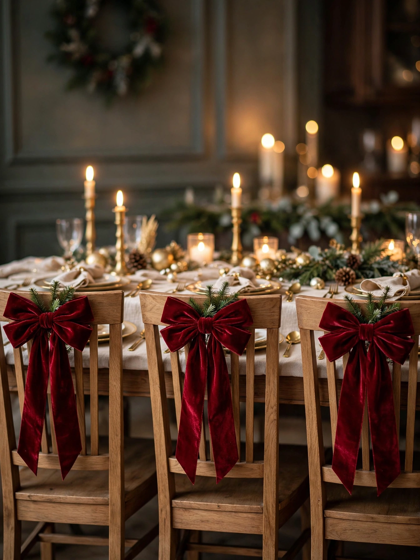 Dining chair backs tied with deep red velvet ribbon bows, a charming christmas dining table decor ideas 2026 detail