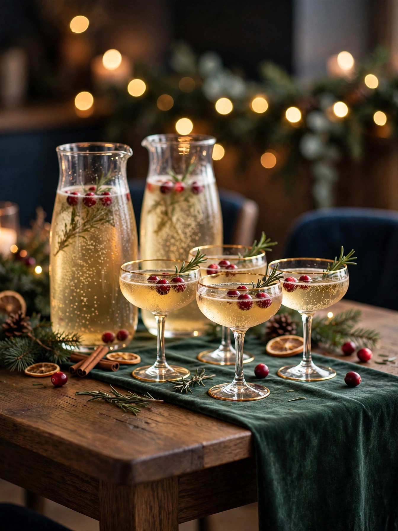 Sparkling cider toast station with gold rimmed coupes, a celebratory christmas dining table decor ideas 2026 finale