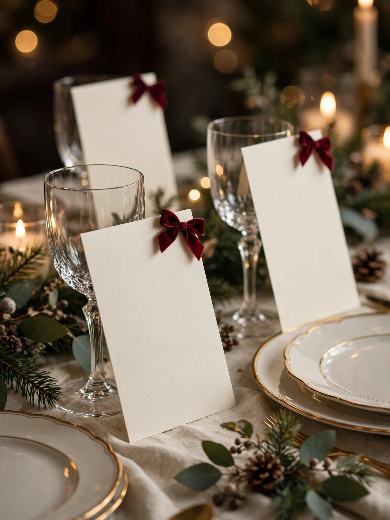 Place cards tied with burgundy velvet bows beside wine glasses, a thoughtful christmas dining table decor ideas 2026 detail