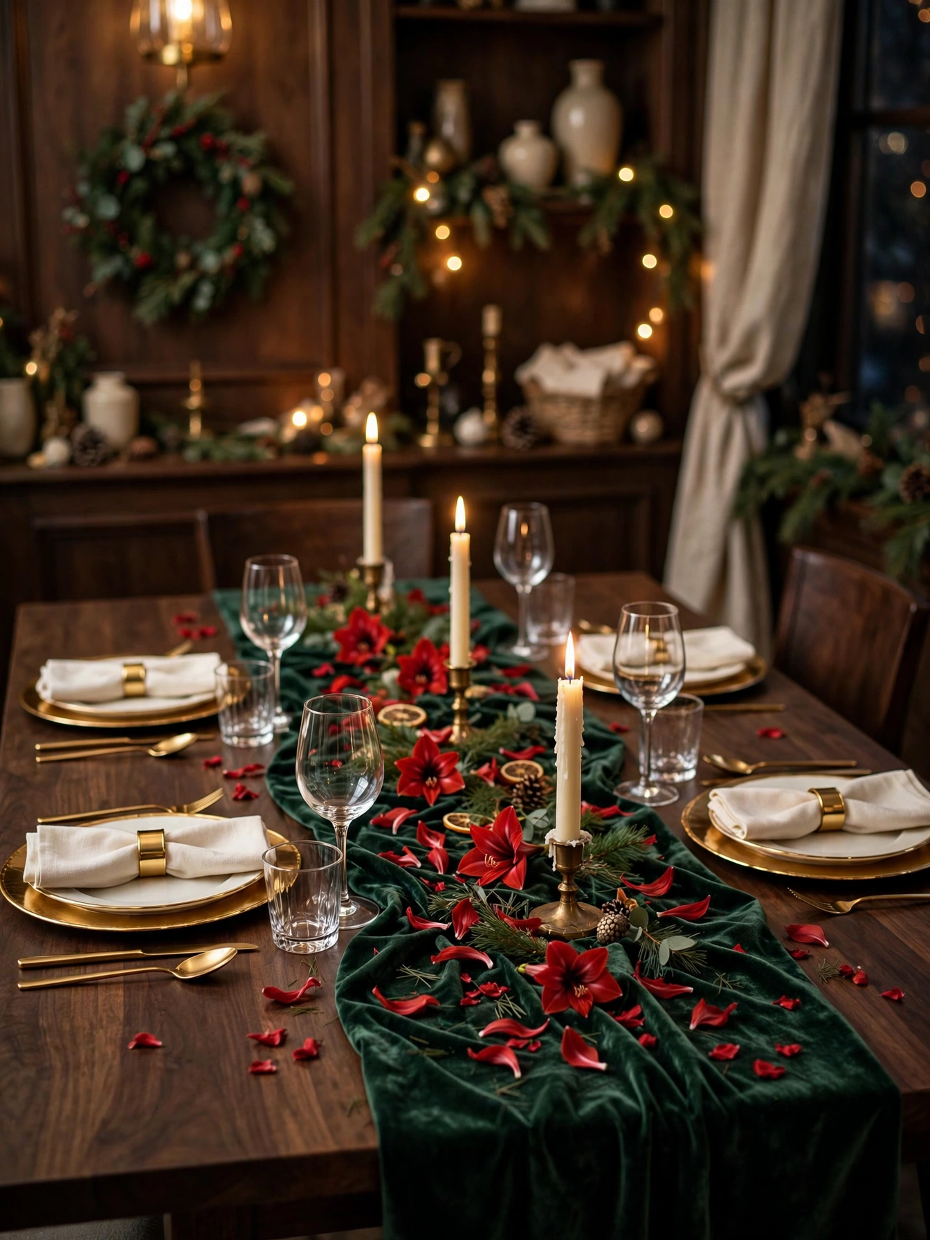 Emerald velvet table runner with gold chargers and lit brass tapers, a rich christmas dining table decor ideas 2026 look